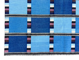 Modern Handmade Cotton Area Flat Weave Rug, Blue, Cream And Brown Checked Dhurrie-6724