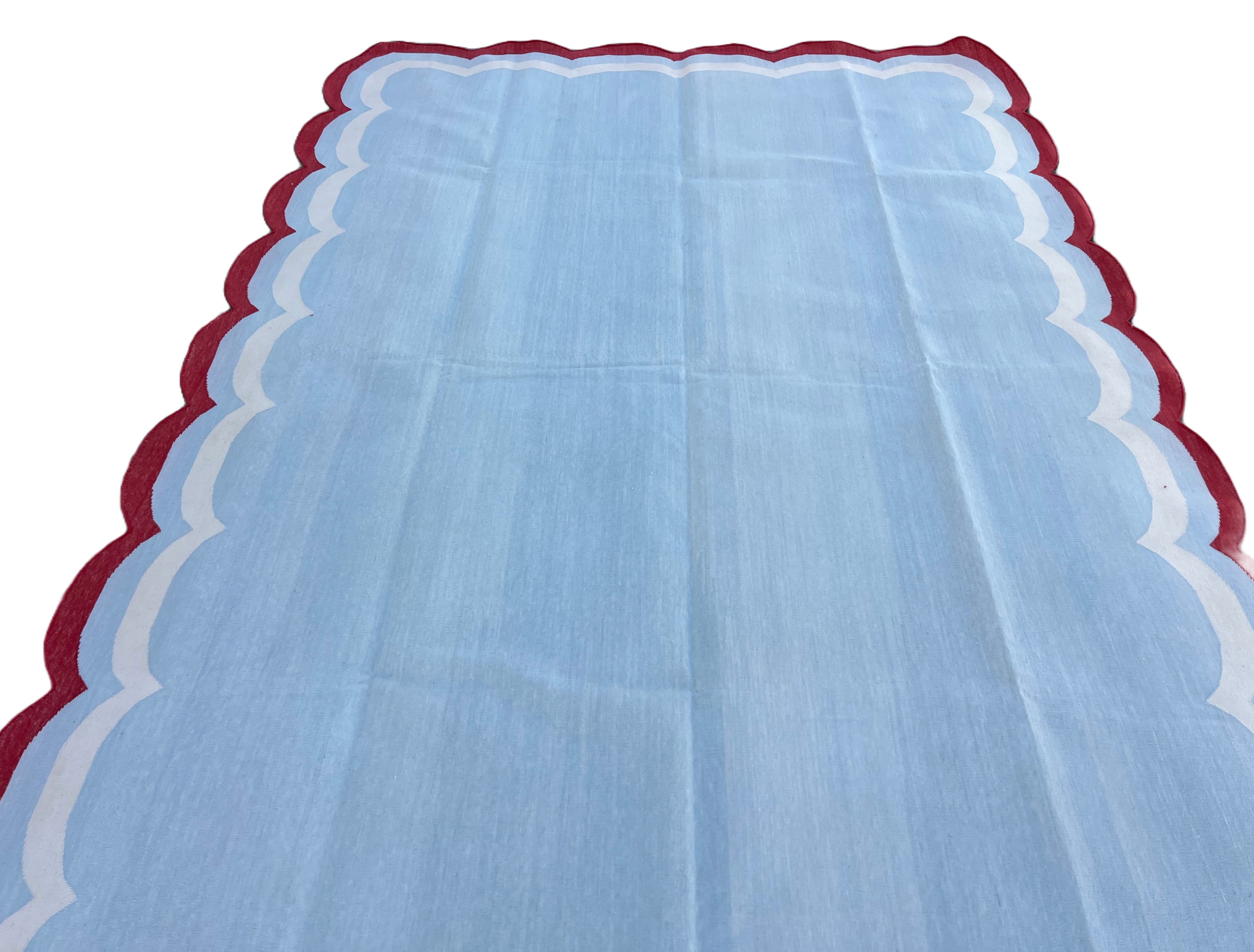 Modern Handmade Cotton Sky Blue, Cream and Red Scalloped Rug-9648