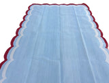 Modern Handmade Cotton Sky Blue, Cream and Red Scalloped Rug-9648