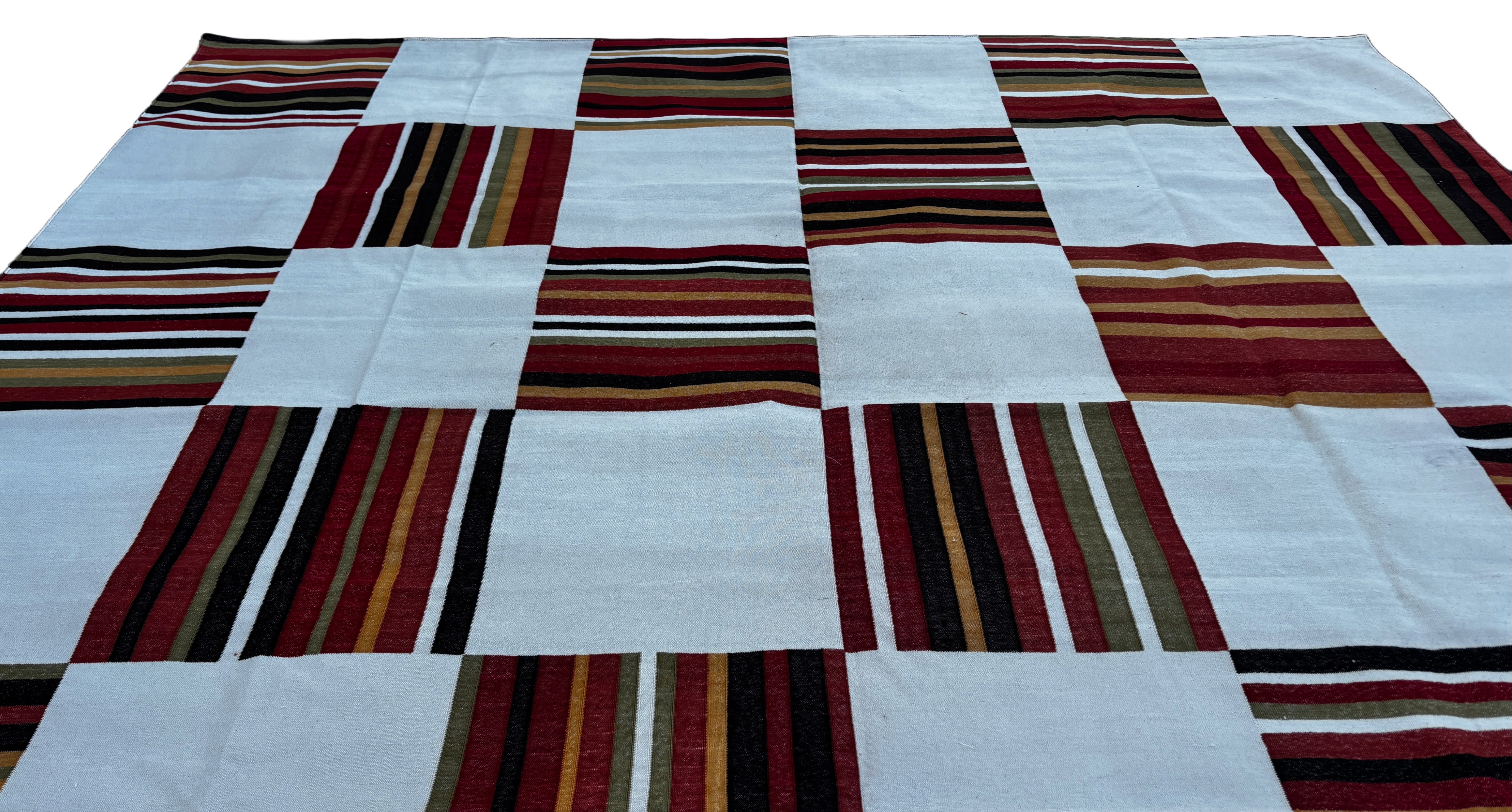 Modern Handmade Cotton Rug, 10x10 Cream, Red, Green, Brown Tile Striped Rug-6768