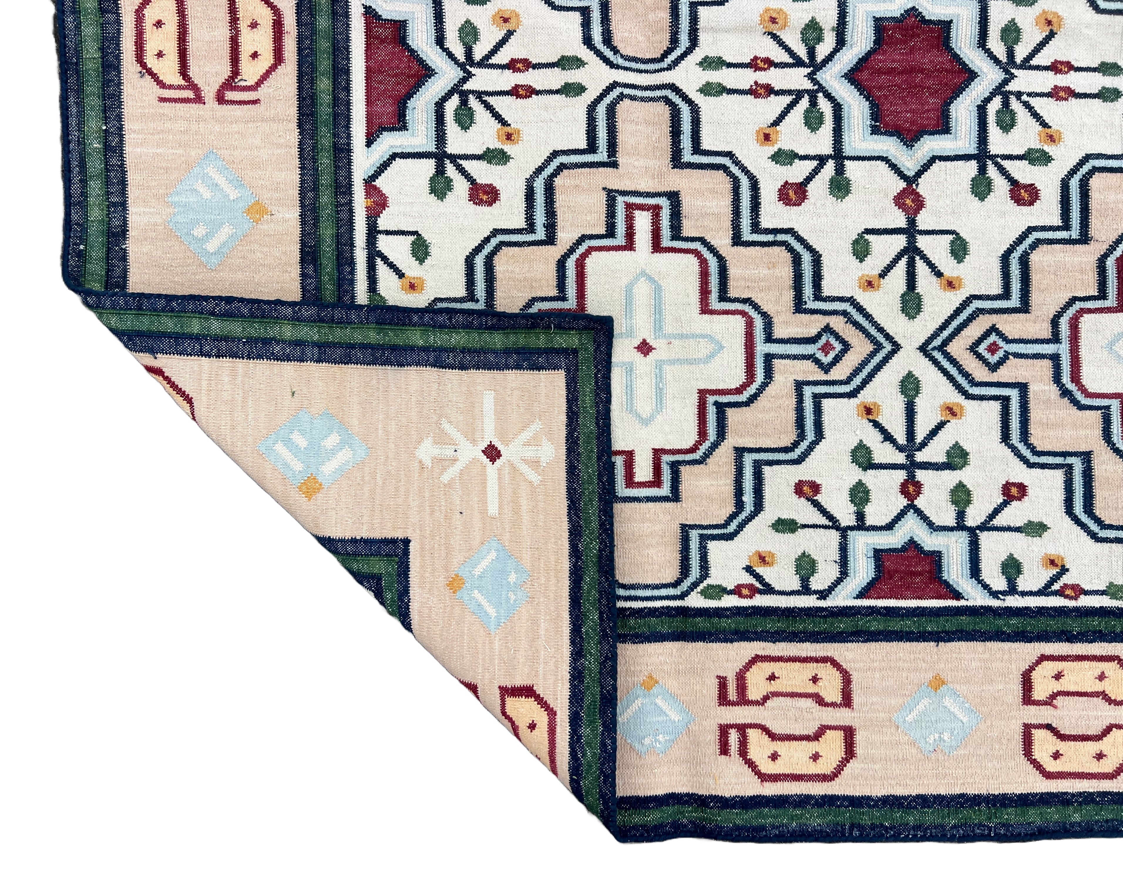 Modern Handmade Cotton Cream, Peach Red Leaf Geometric Indian Dhurrie-6741