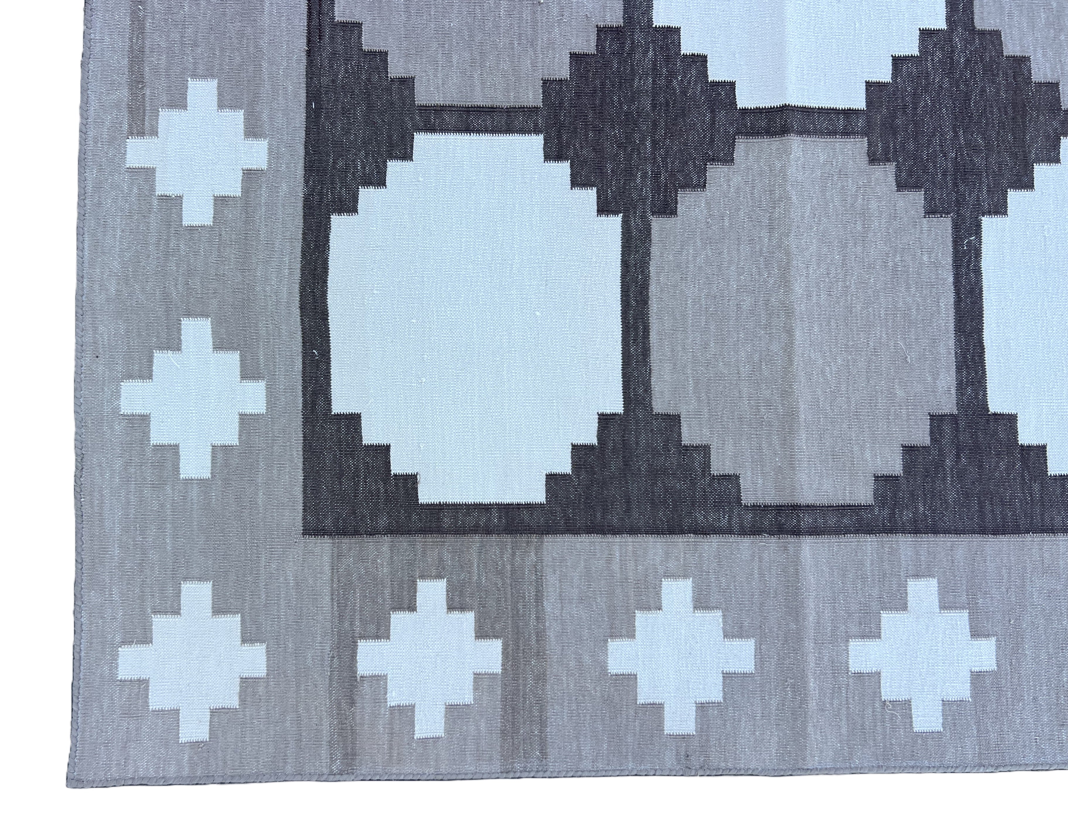 Modern Handmade Cotton Beige And Brown Geometric Swedish Star Rug-6759