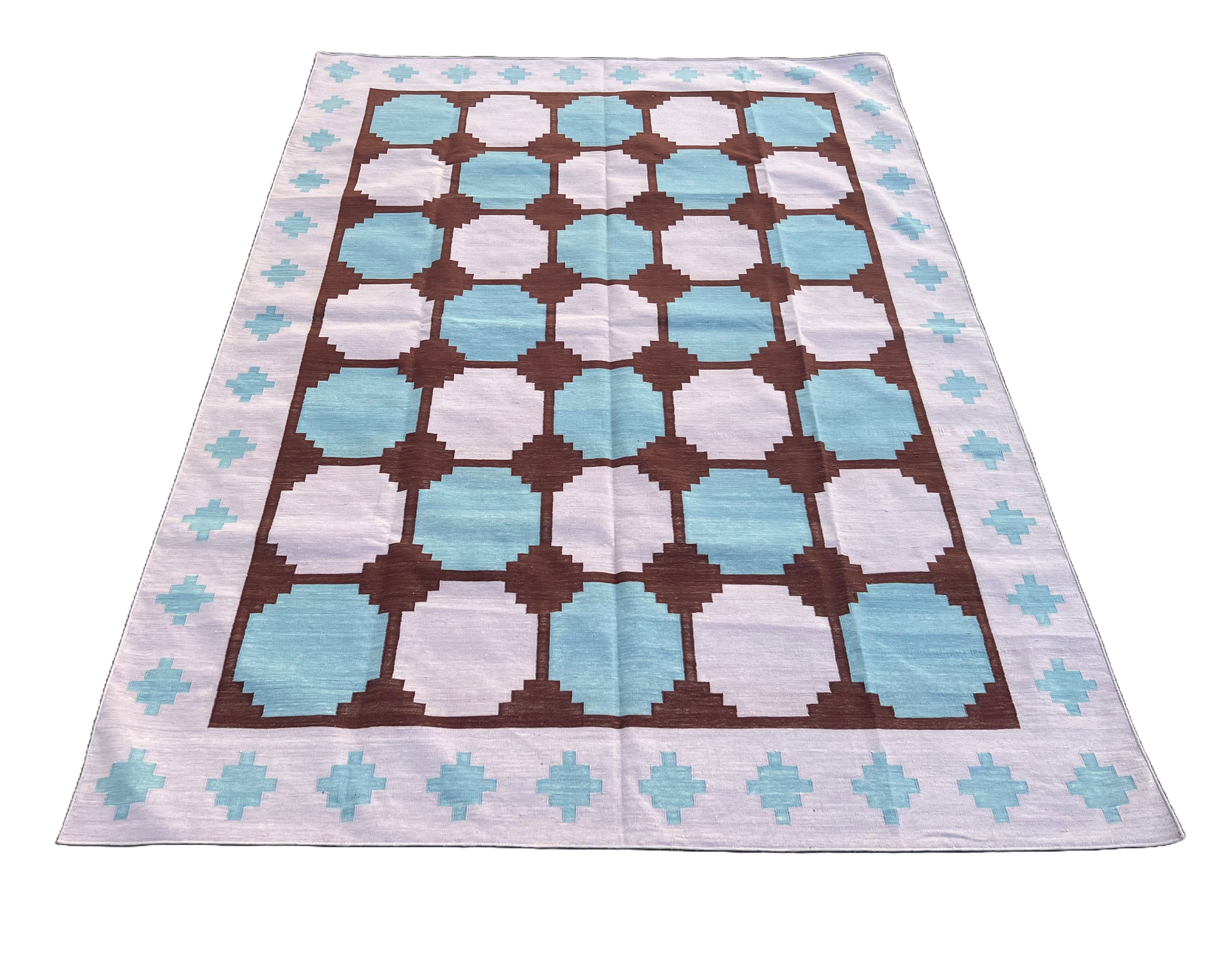 Modern Handmade Cotton Lavender And Blue Geometric Tile Star Rug-6539