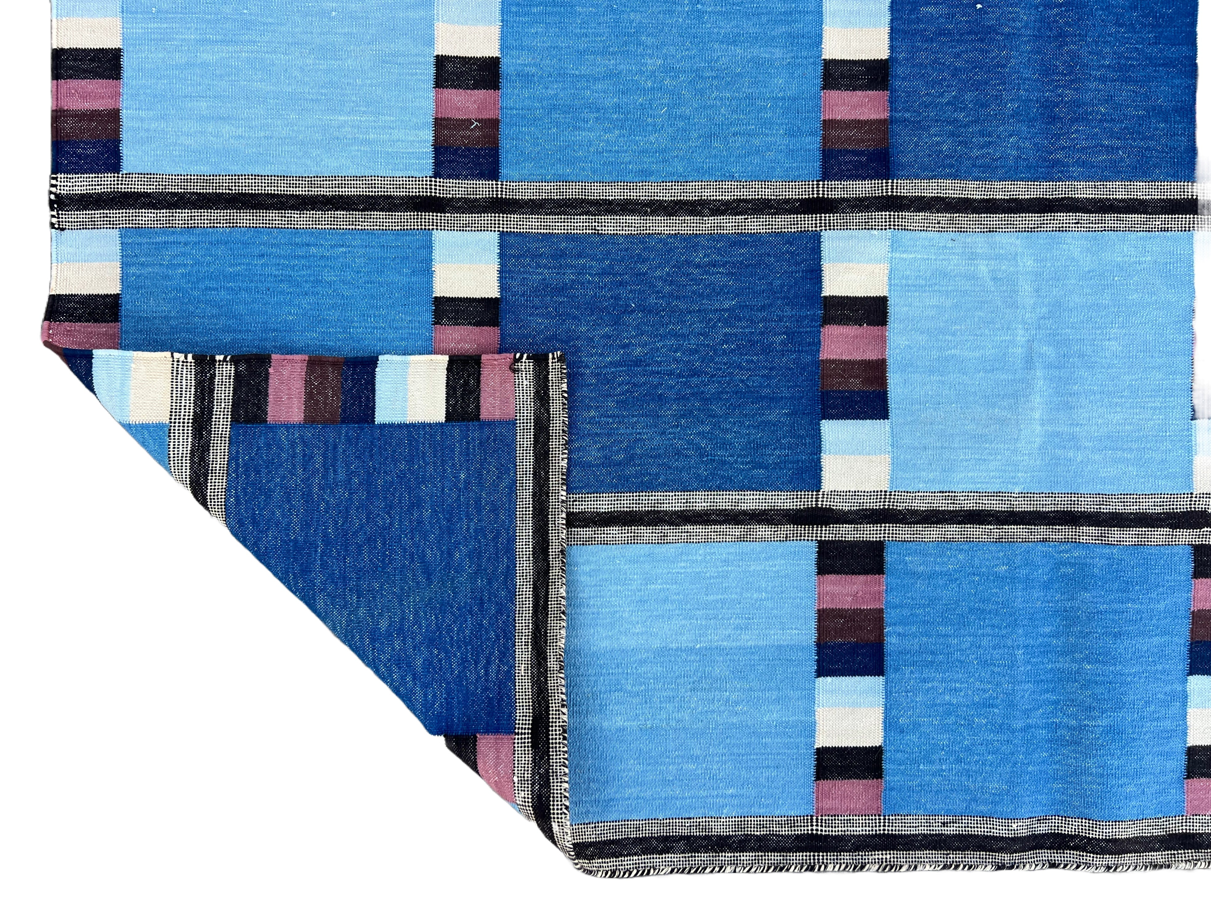 Modern Handmade Cotton Area Flat Weave Rug, Blue, Cream And Brown Checked Dhurrie-6724