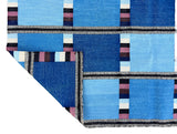 Modern Handmade Cotton Area Flat Weave Rug, Blue, Cream And Brown Checked Dhurrie-6724