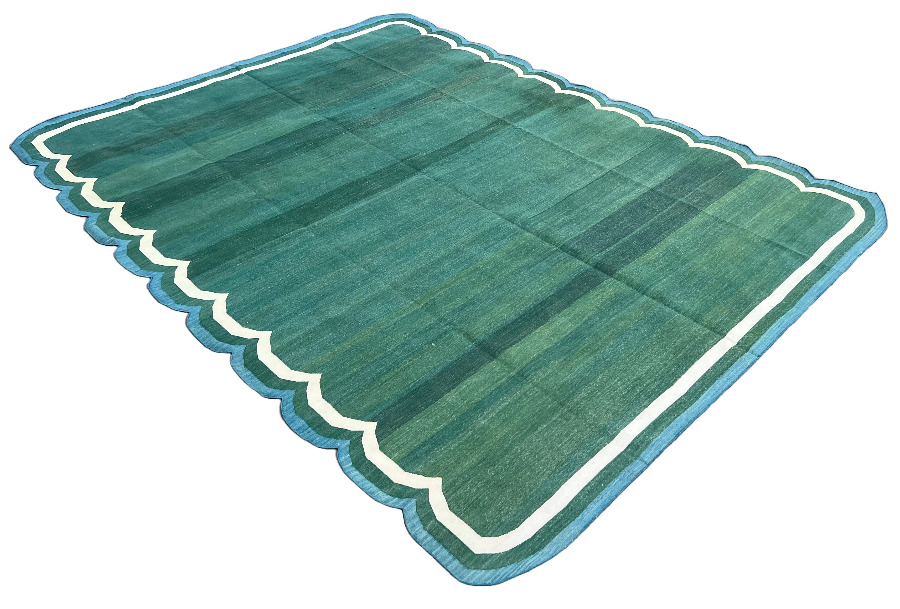 Modern Handmade Cotton Forest Green, Cream and Teal Blue Scalloped Rug-9649