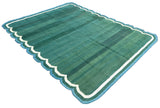 Modern Handmade Cotton Forest Green, Cream and Teal Blue Scalloped Rug-9649