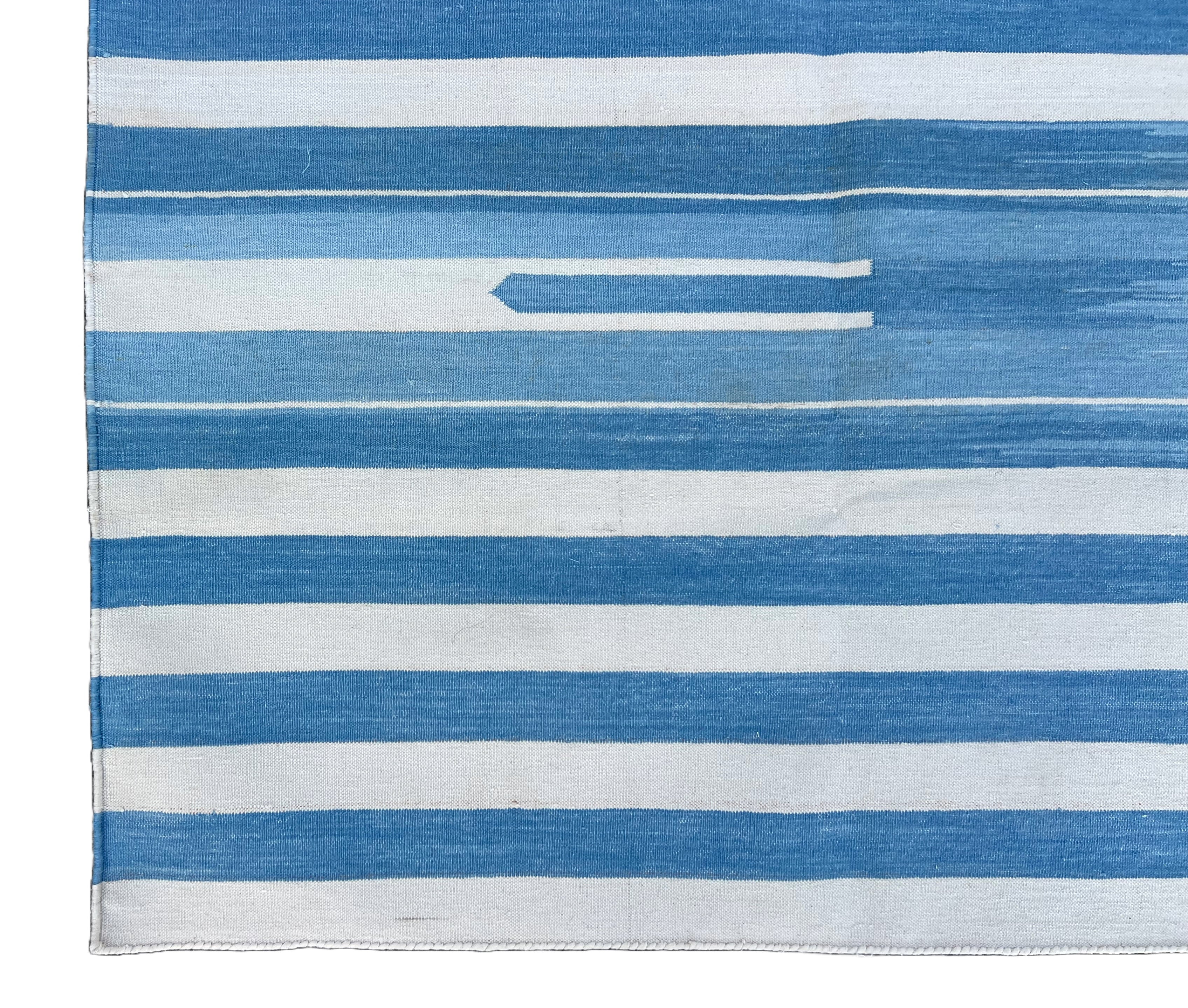 Modern Handmade Cotton Blue And White Candle Striped Rug-6745