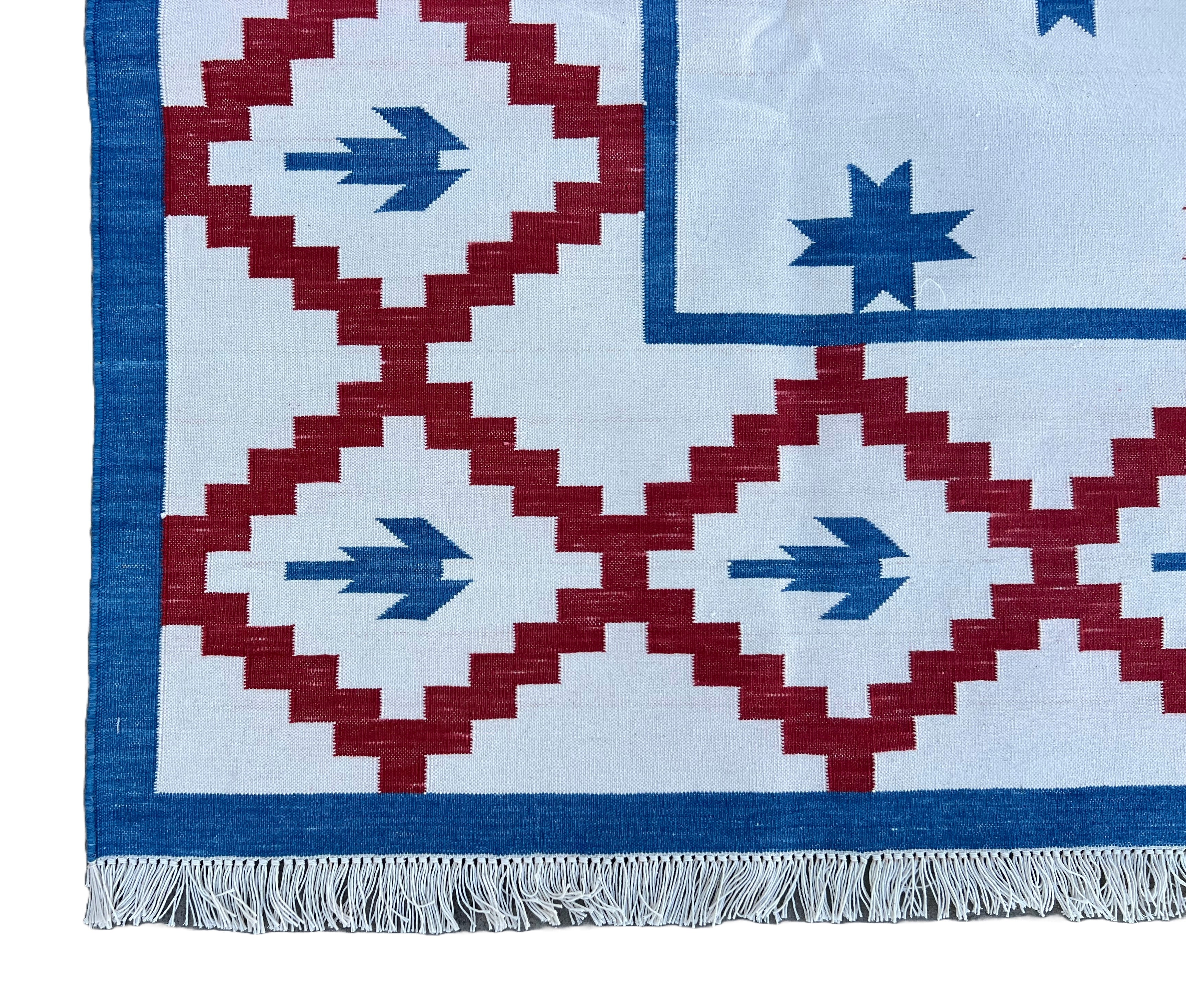 Modern Handmade Cotton Cream, Blue And Red Geometric/ Star Rug - MC-6726