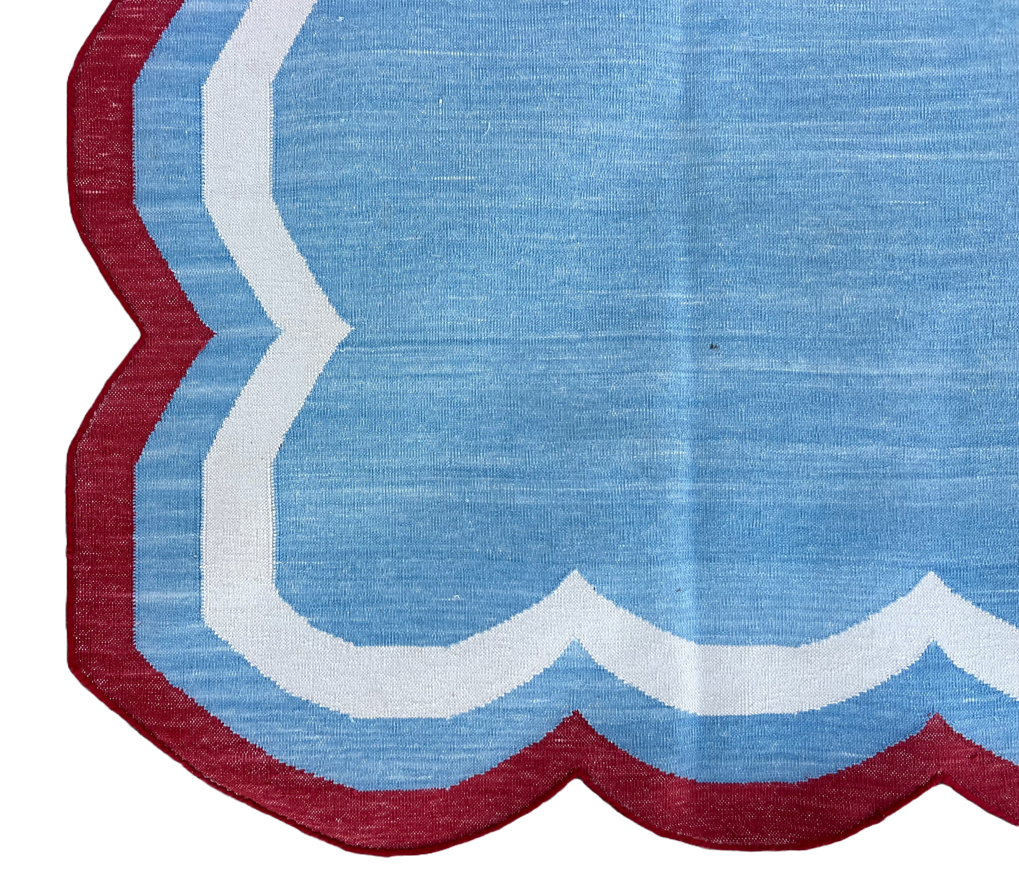 Modern Handmade Cotton Sky Blue, Cream and Red Scalloped Rug-9651