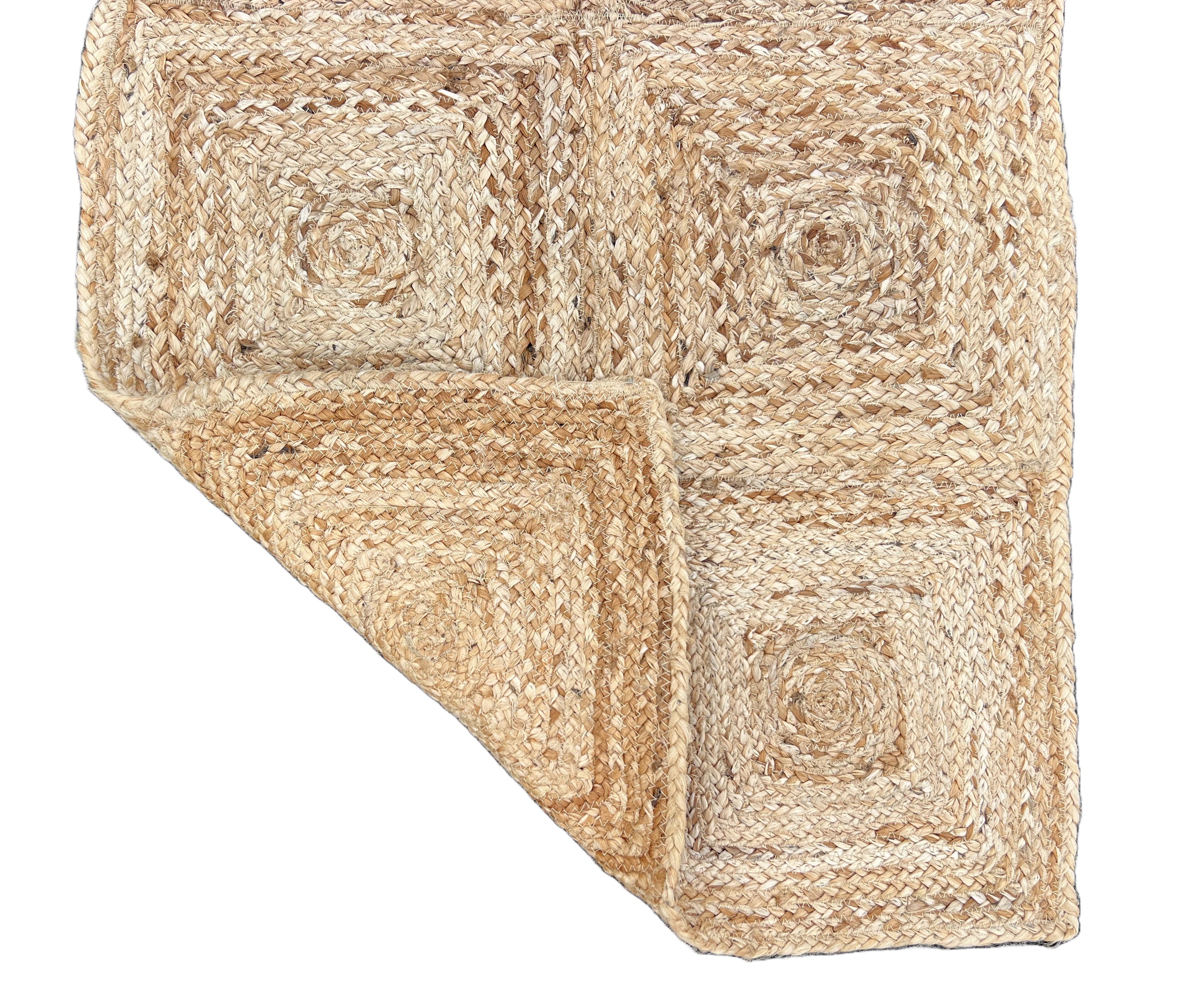 Modern Handmade Natural Jute Checked Blocked Rug Indian Dhurrie -8044