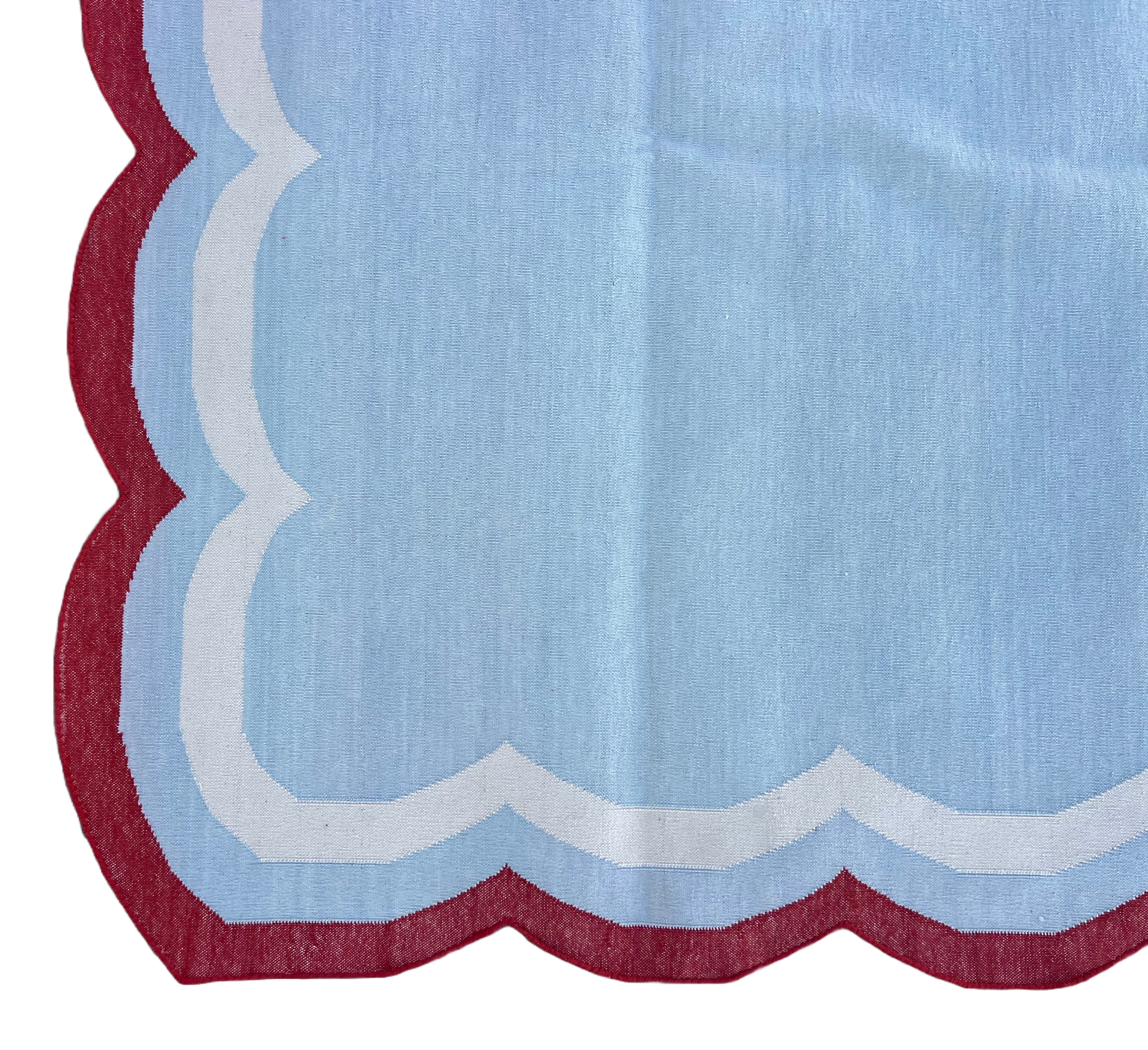 Modern Handmade Cotton Sky Blue, Cream and Red Scalloped Rug-9648