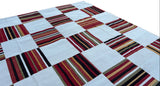 Modern Handmade Cotton Rug, 10x10 Cream, Red, Green, Brown Tile Striped Rug-6768