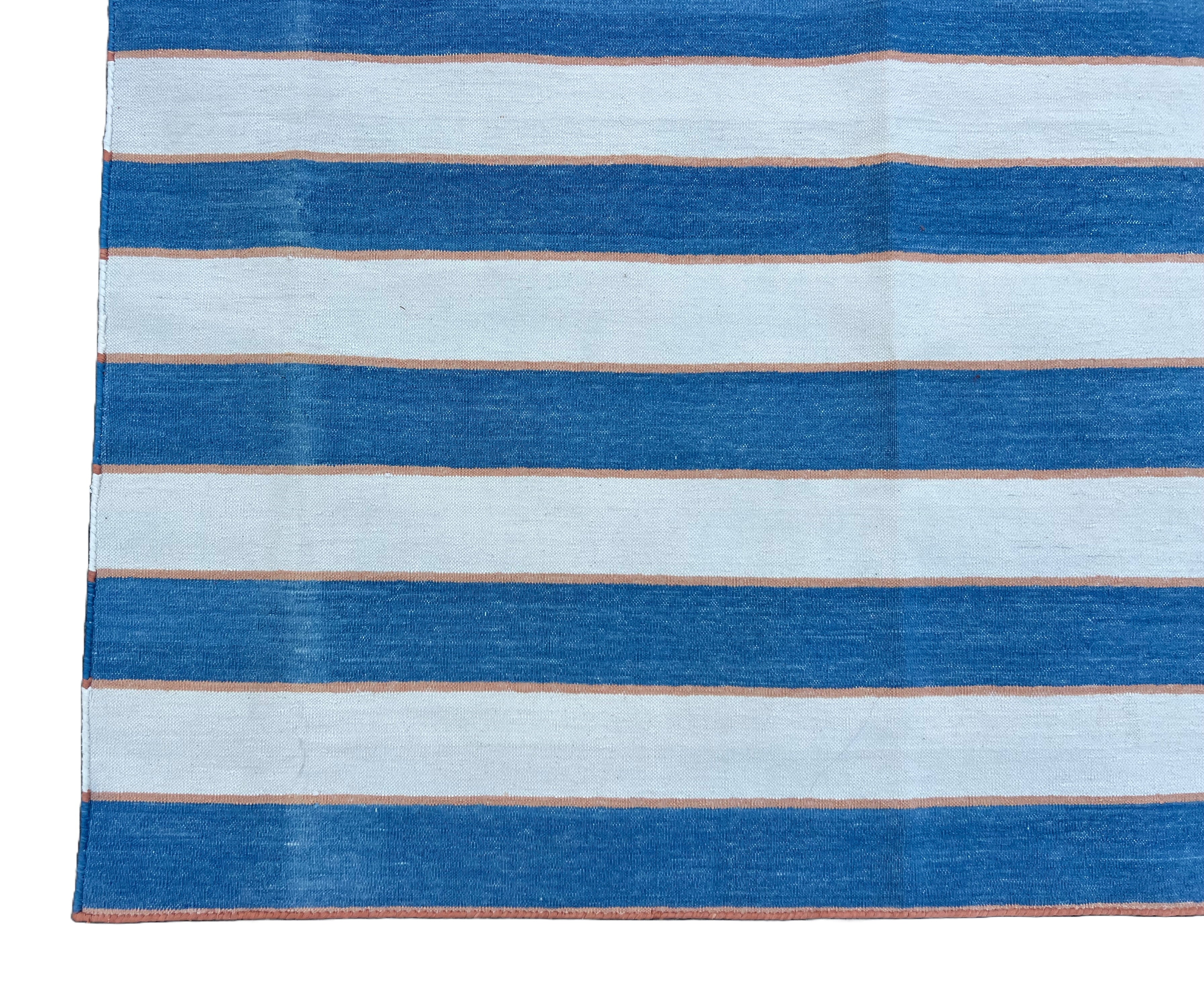 Modern Handmade Cotton Blue And Cream Striped Rug-6702