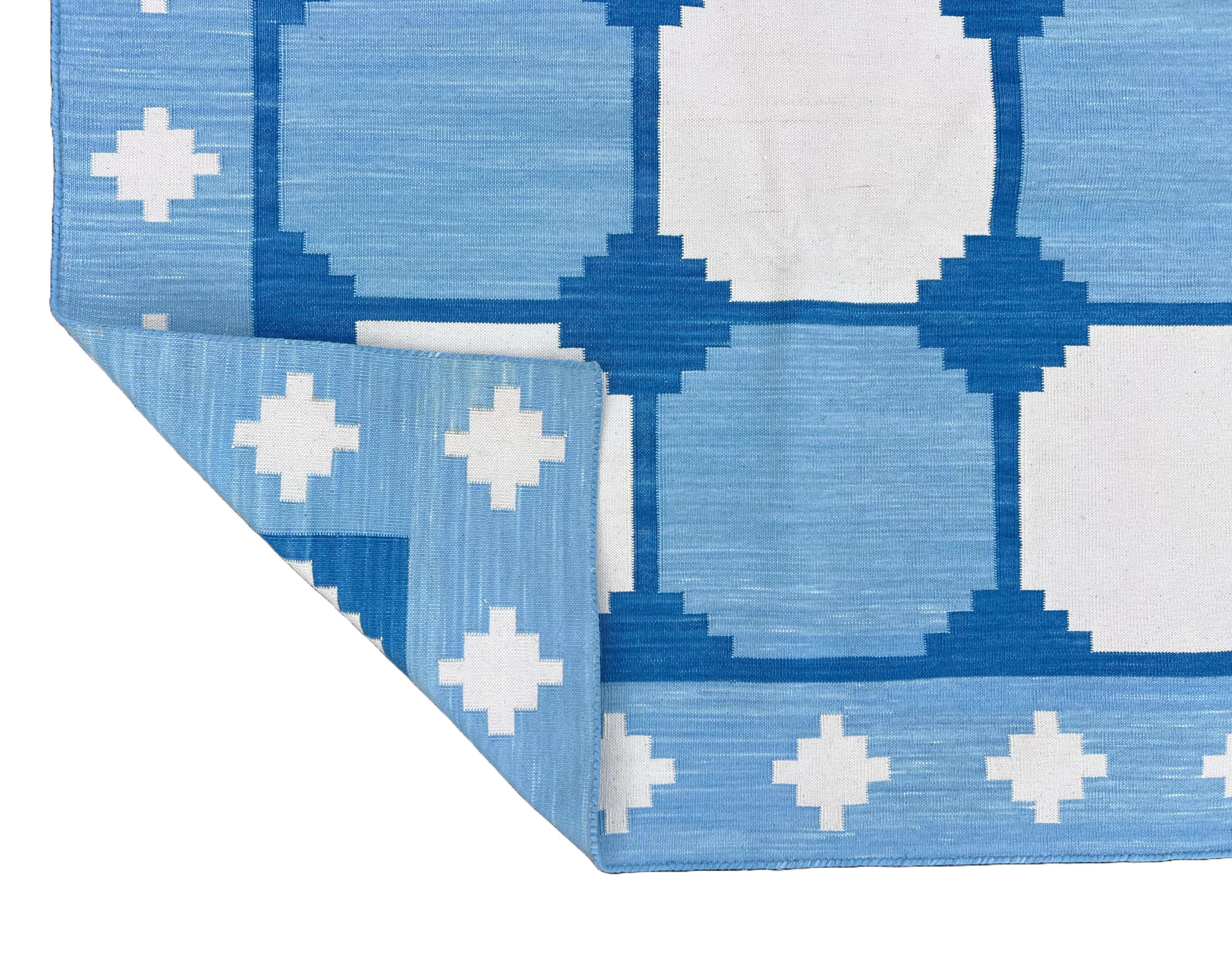 Modern Handmade Cotton Sky Blue And White Tile Swedish Runner-6733
