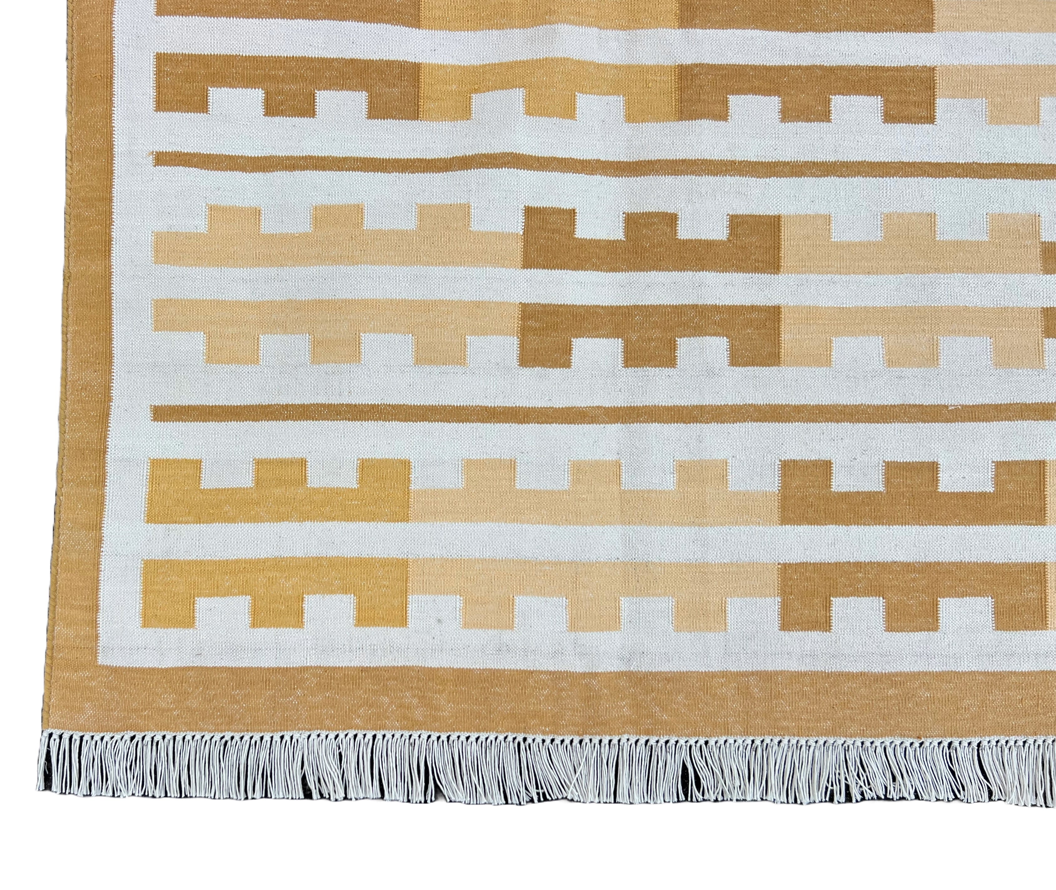 Modern Handmade Cotton Yellow And Cream Marianne Striped Indian Dhurrie Rug-6762