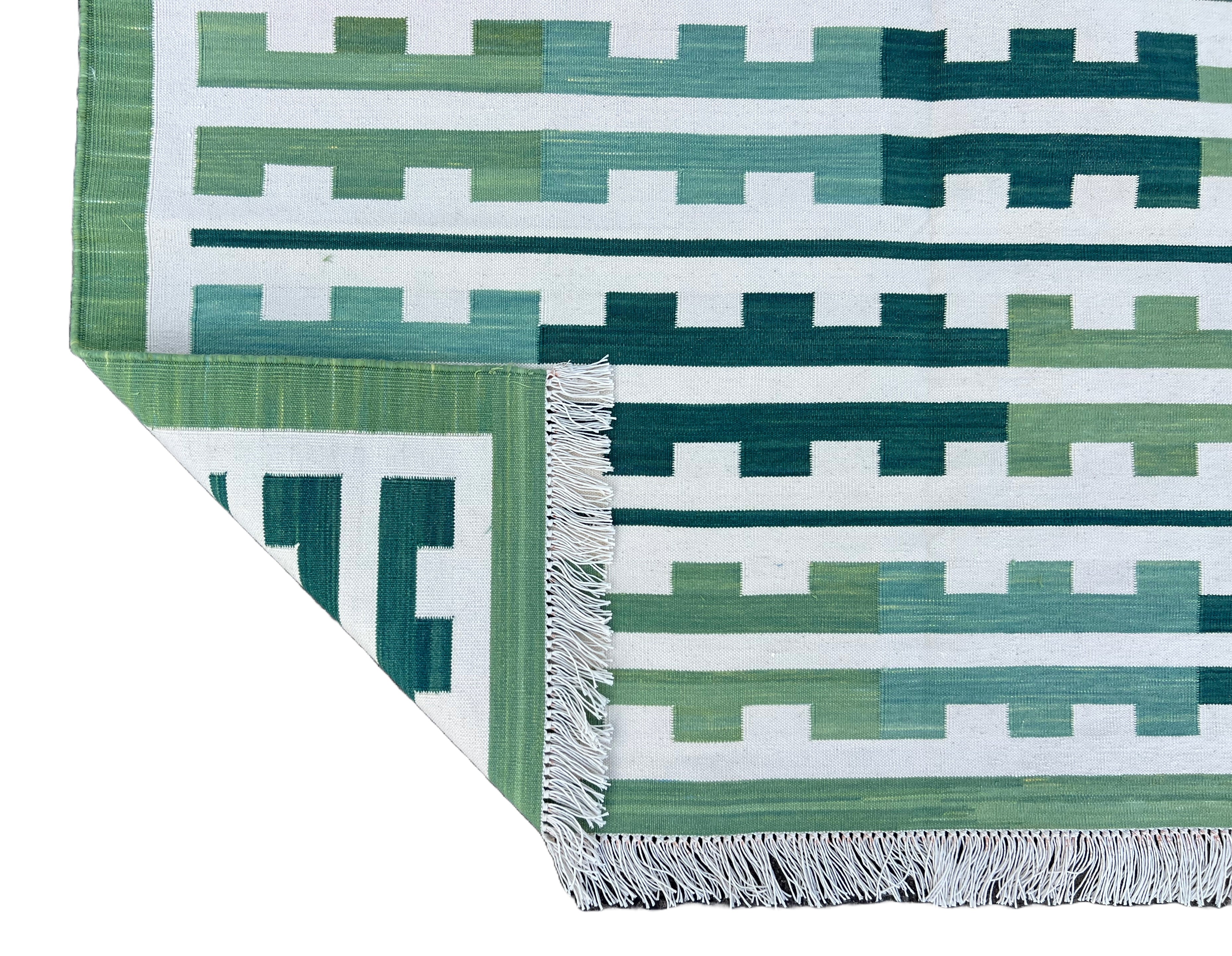 Modern Handmade Cotton Green And Cream Marianne Striped Rug-6739