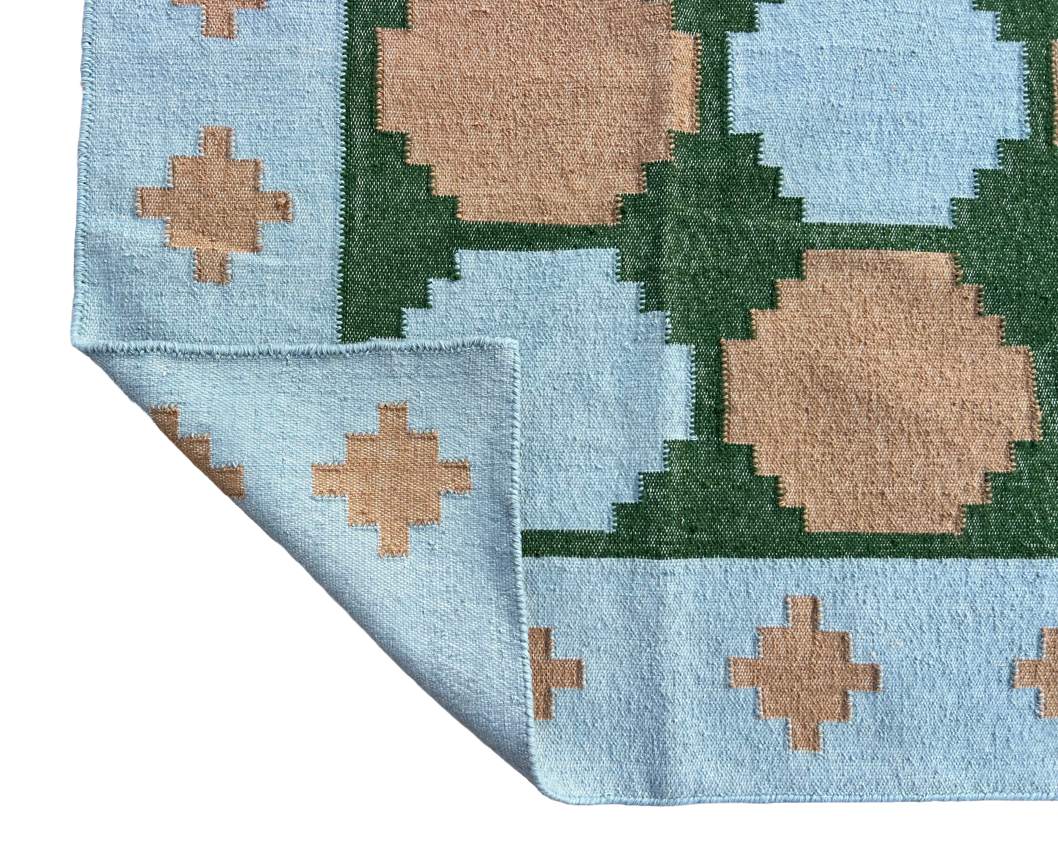 Modern Handmade New Zealand Wool Sky Blue, Beige And Green Tile Swedish Rug-6810