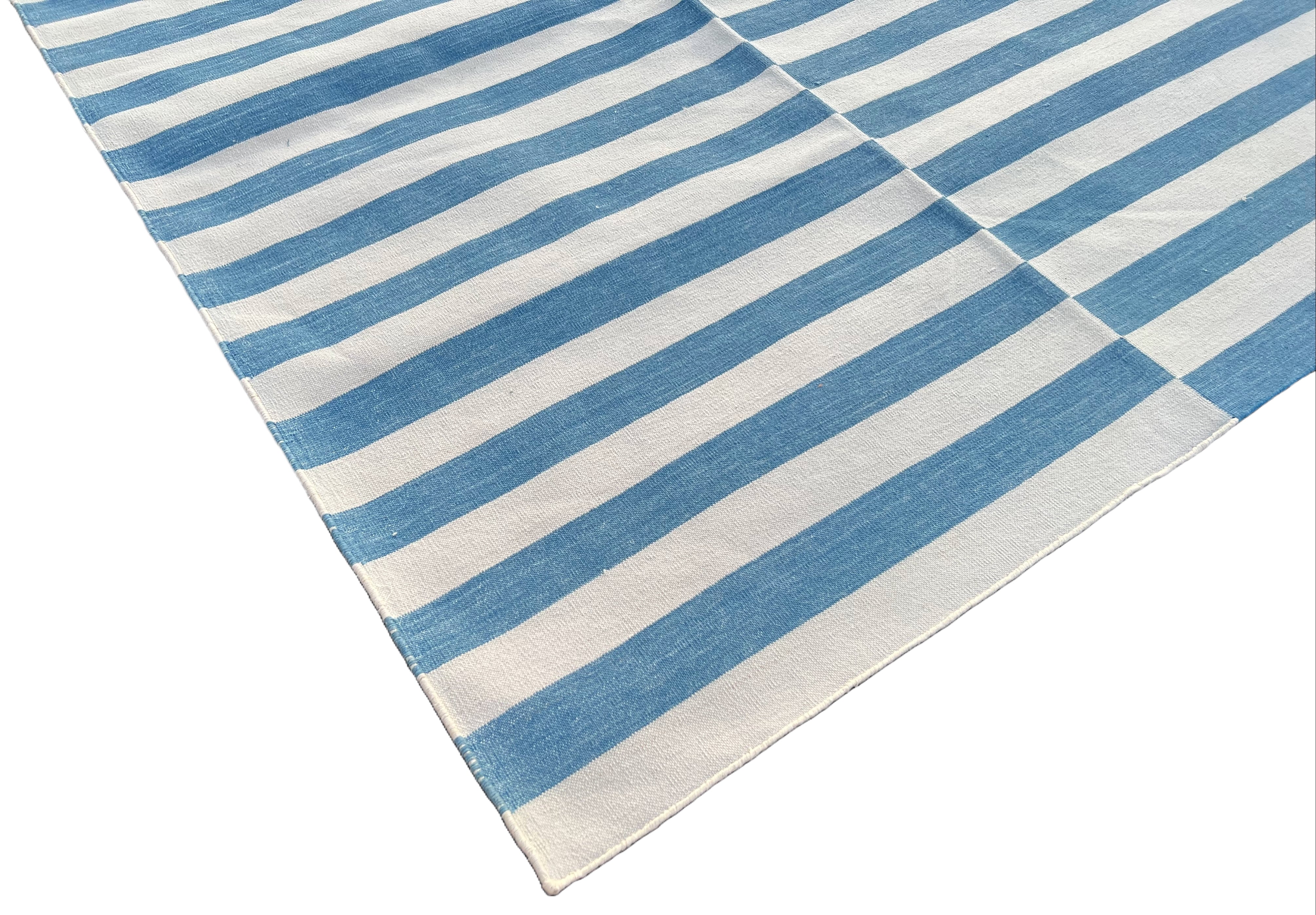 Modern Handmade Cotton Blue And White Flat Weave Up Down Striped Rug-6499