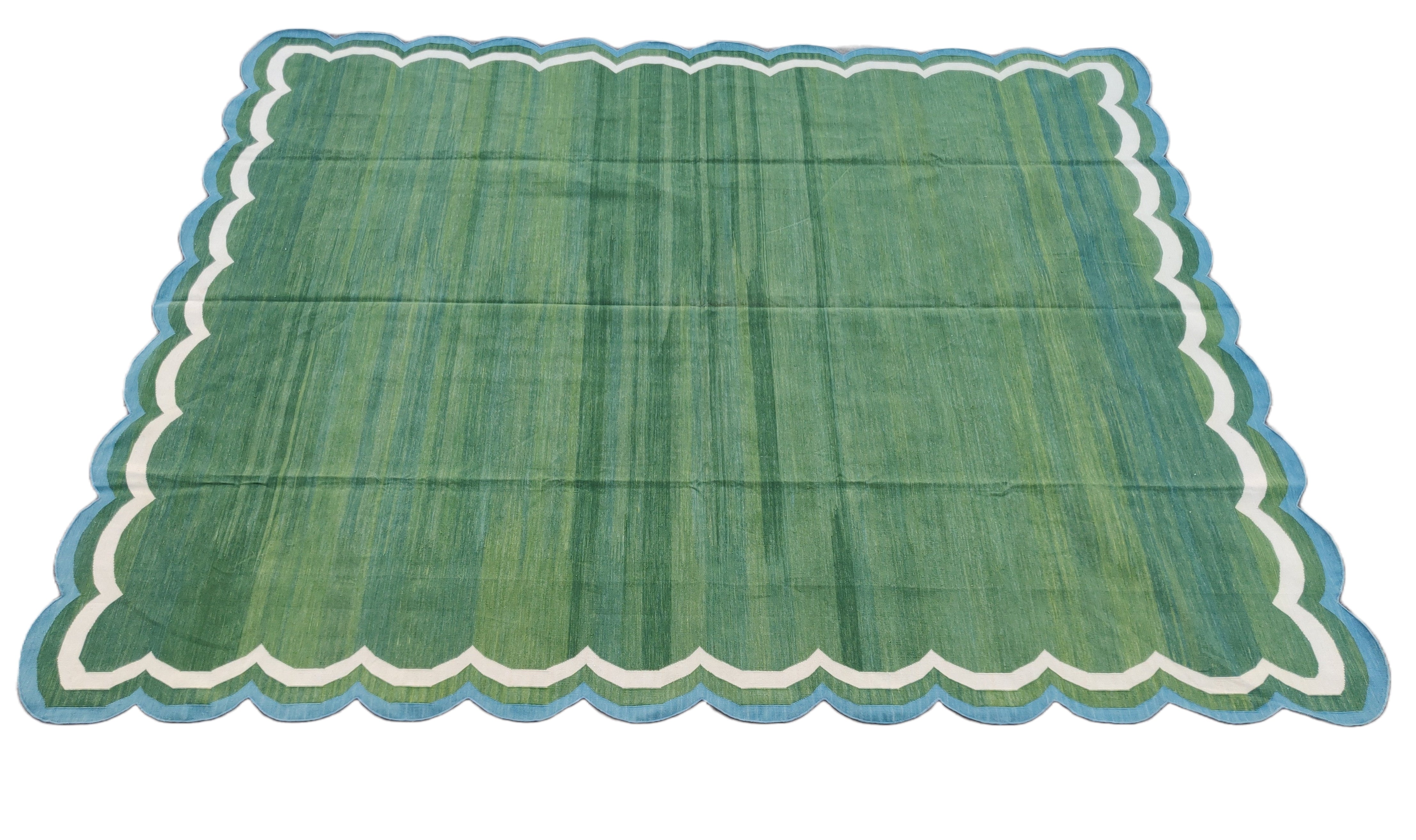 Modern Handmade Cotton Forest Green And Teal Blue Border 4 Sided Scalloped Rug-6163