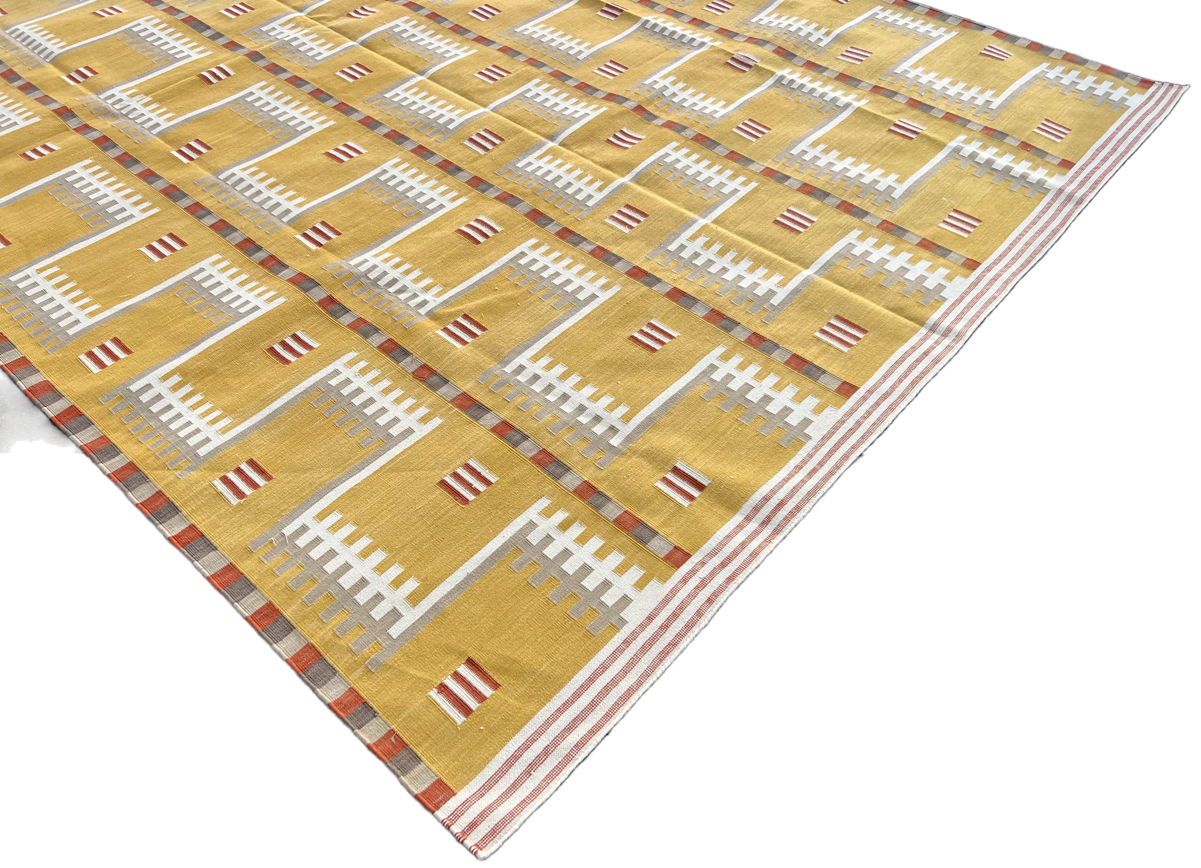 Modern Handmade Cotton Flat Weave Mustard Geometric Rug-6468