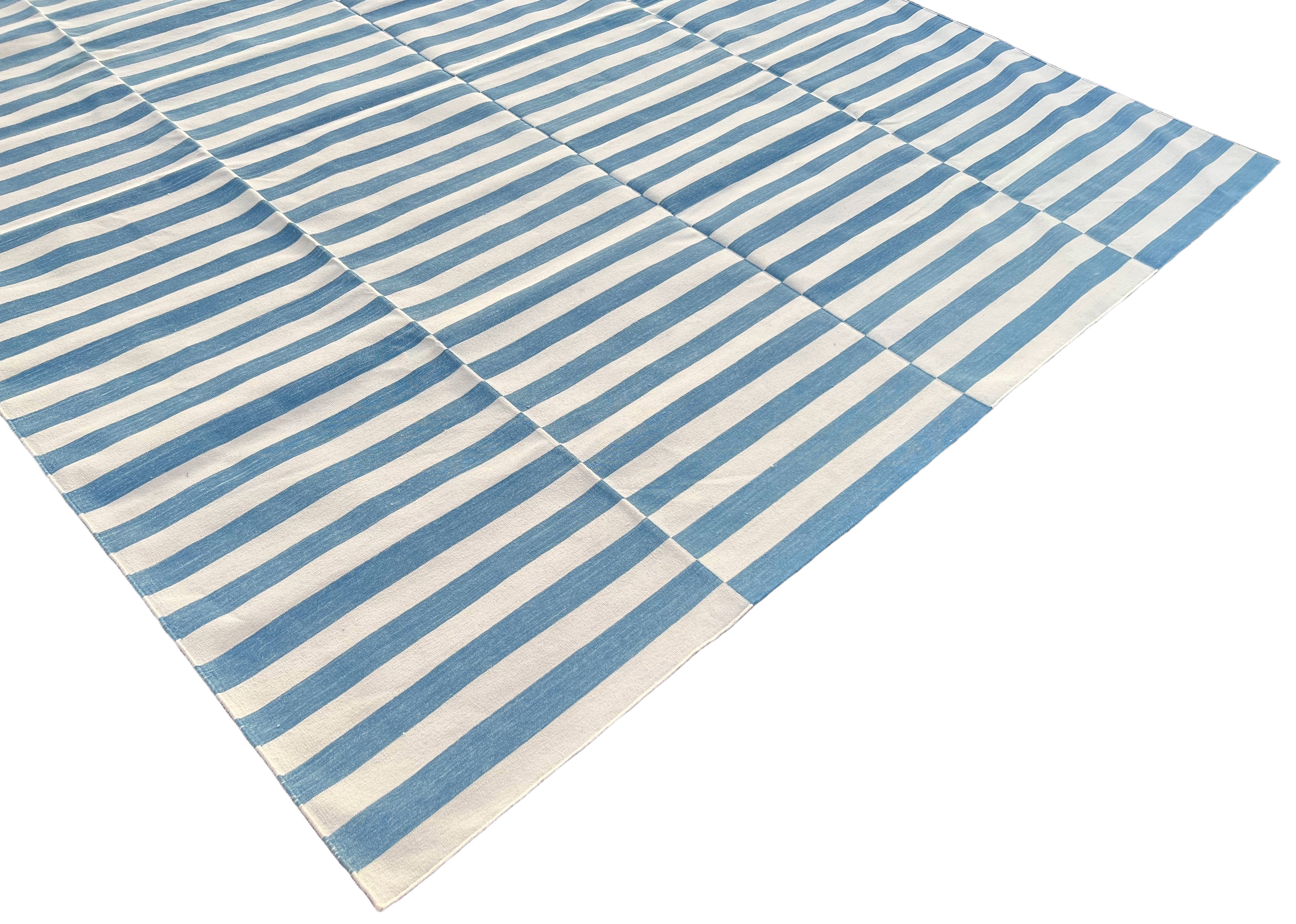 Modern Handmade Cotton Blue And White Flat Weave Up Down Striped Rug-6499