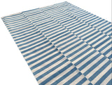 Modern Handmade Cotton Blue And White Flat Weave Up Down Striped Rug-6499