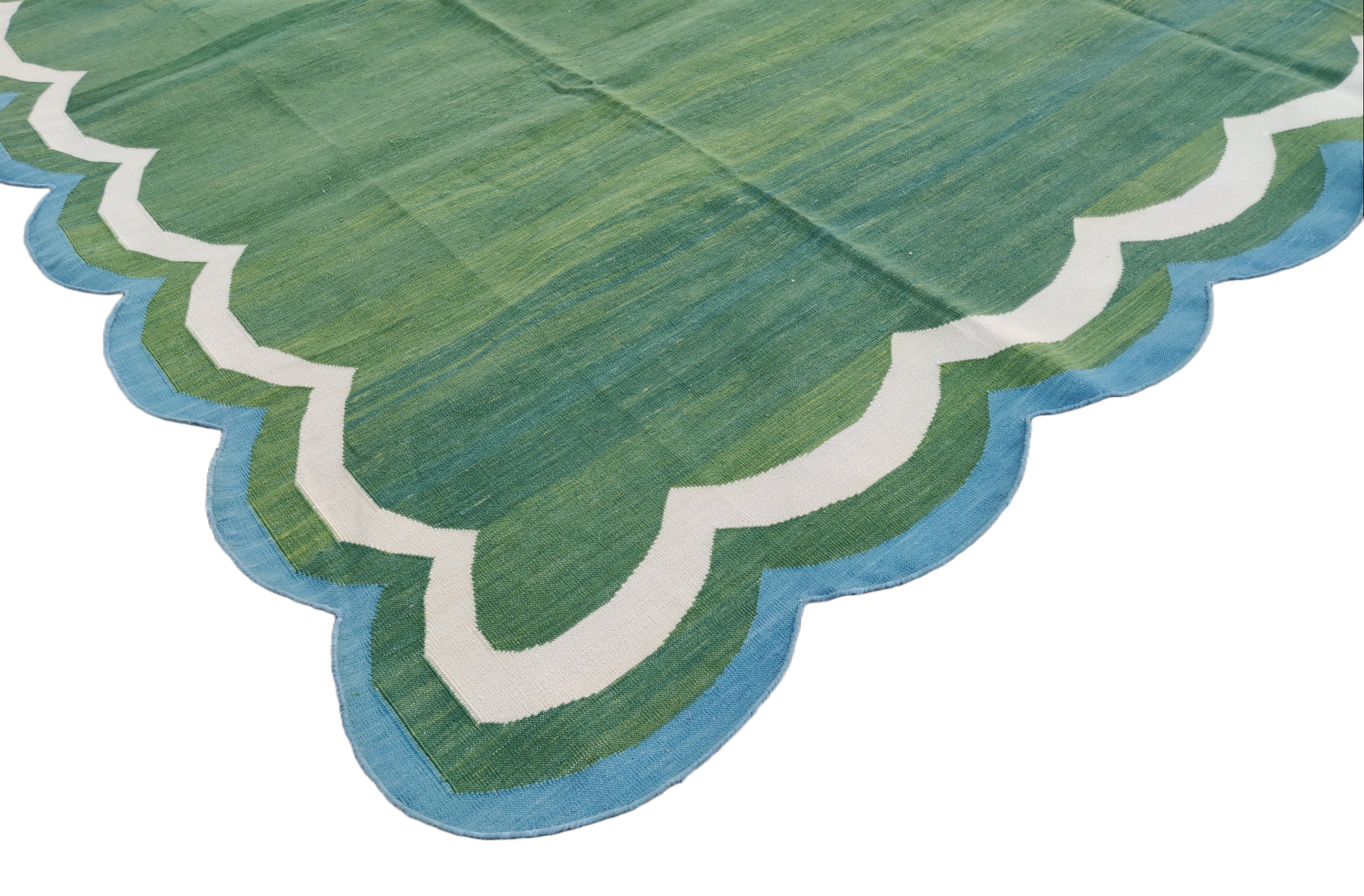 Modern Handmade Cotton Forest Green And Teal Blue Border 4 Sided Scalloped Rug-6163