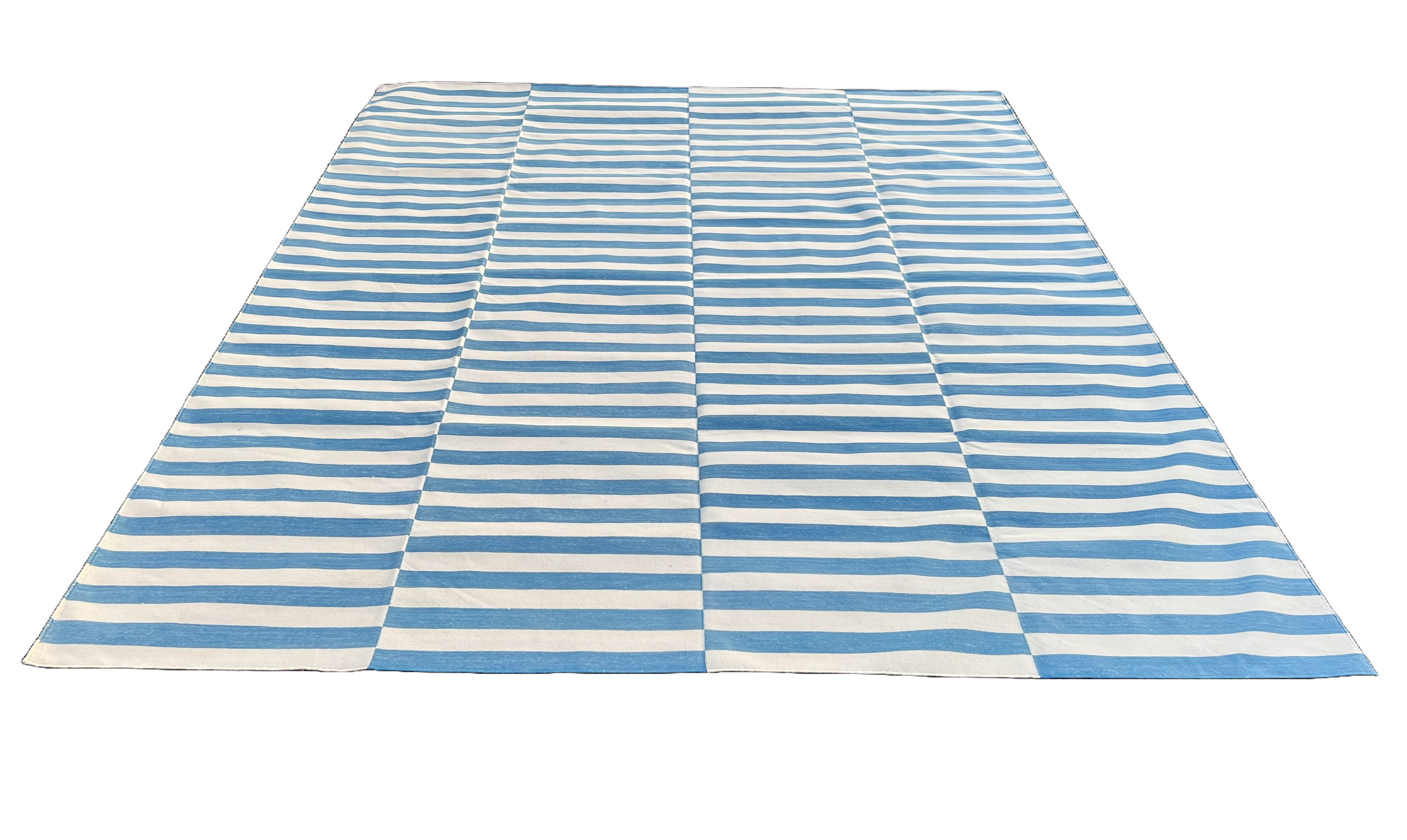 Modern Handmade Cotton Blue And White Flat Weave Up Down Striped Rug-6499