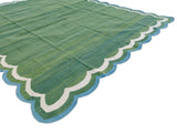 Modern Handmade Cotton Forest Green And Teal Blue Border 4 Sided Scalloped Rug-6163