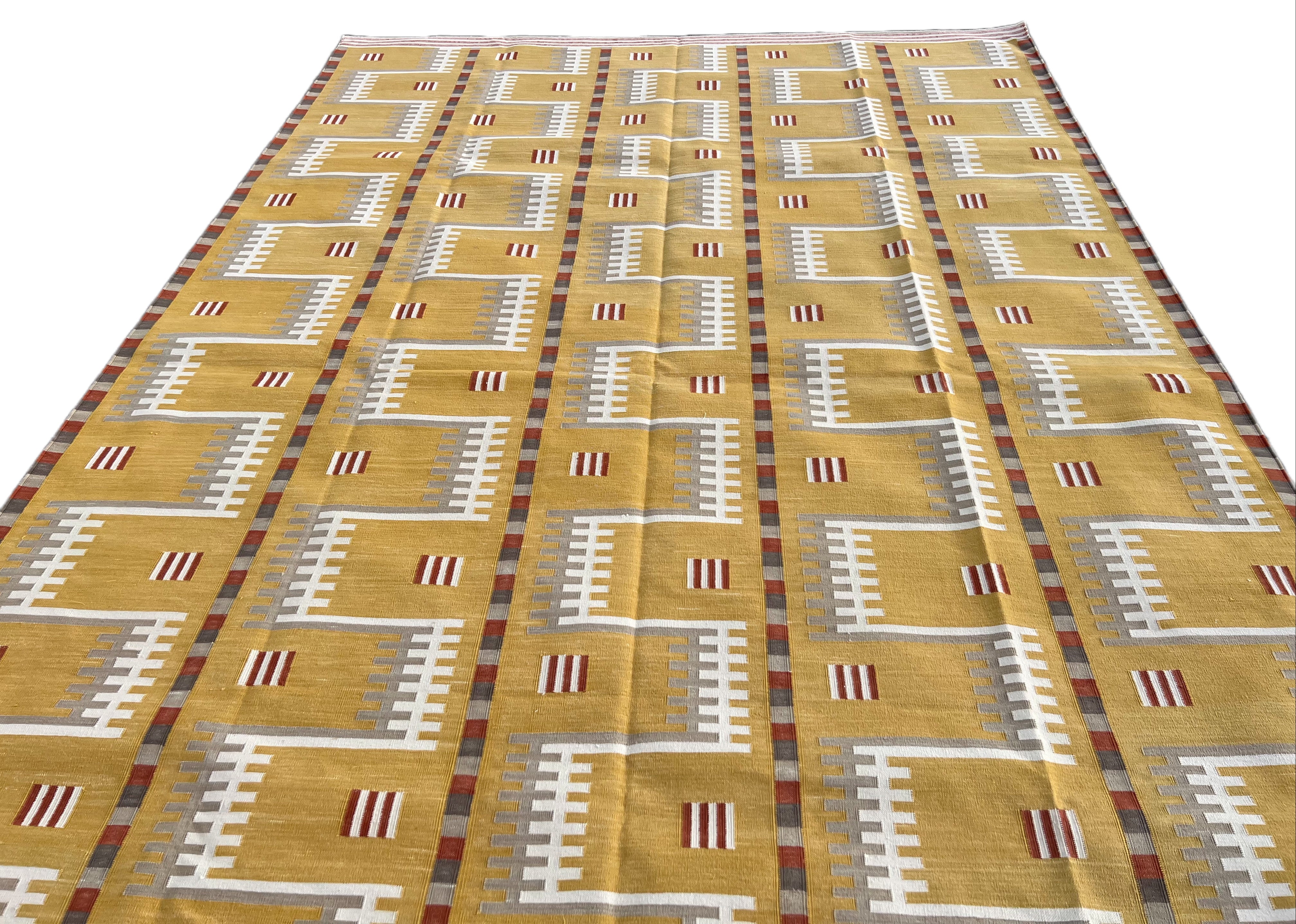 Modern Handmade Cotton Flat Weave Mustard Geometric Rug-6468