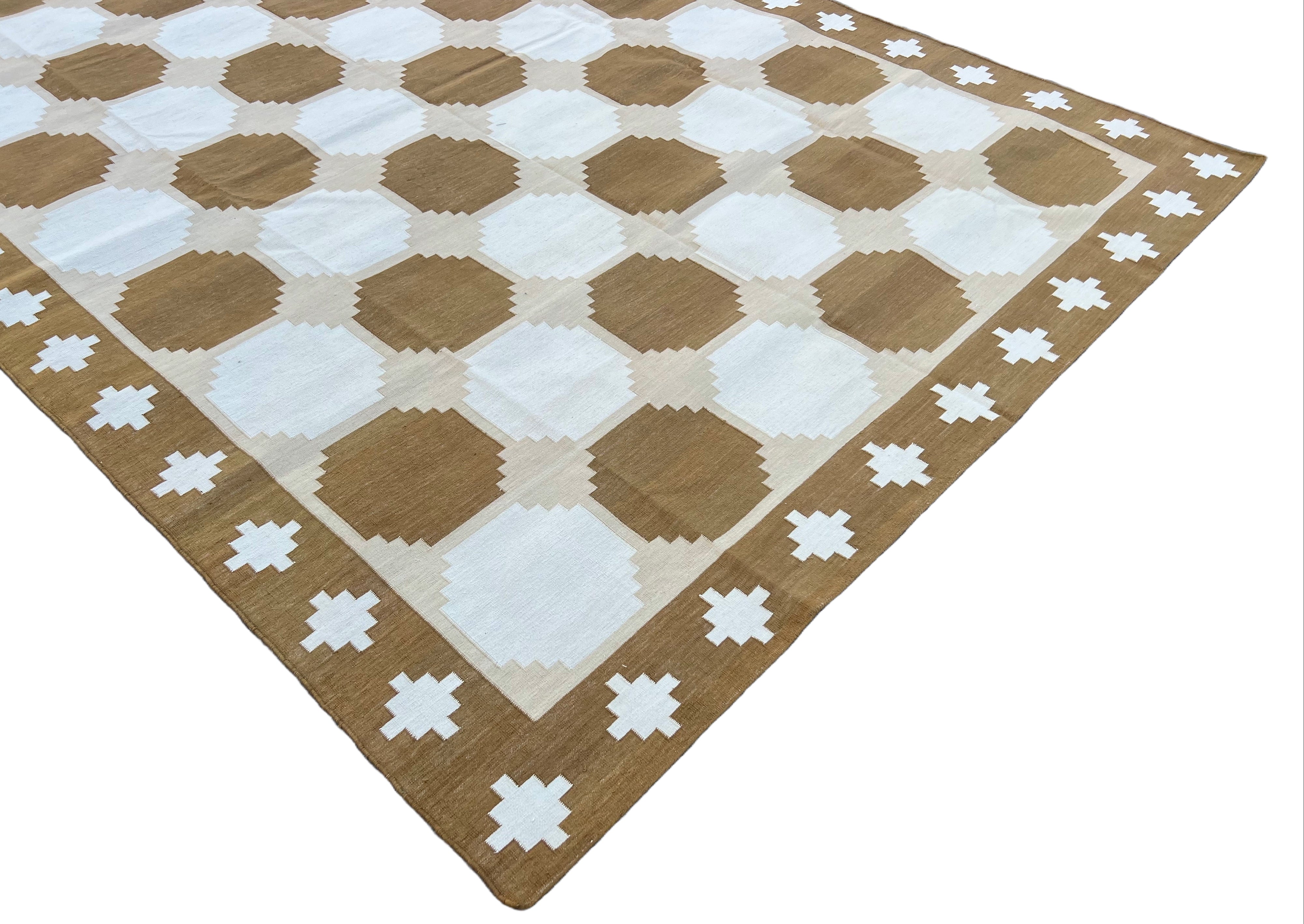 Modern Handmade Cotton Tan And White Geometric Tile Star Rug-6519