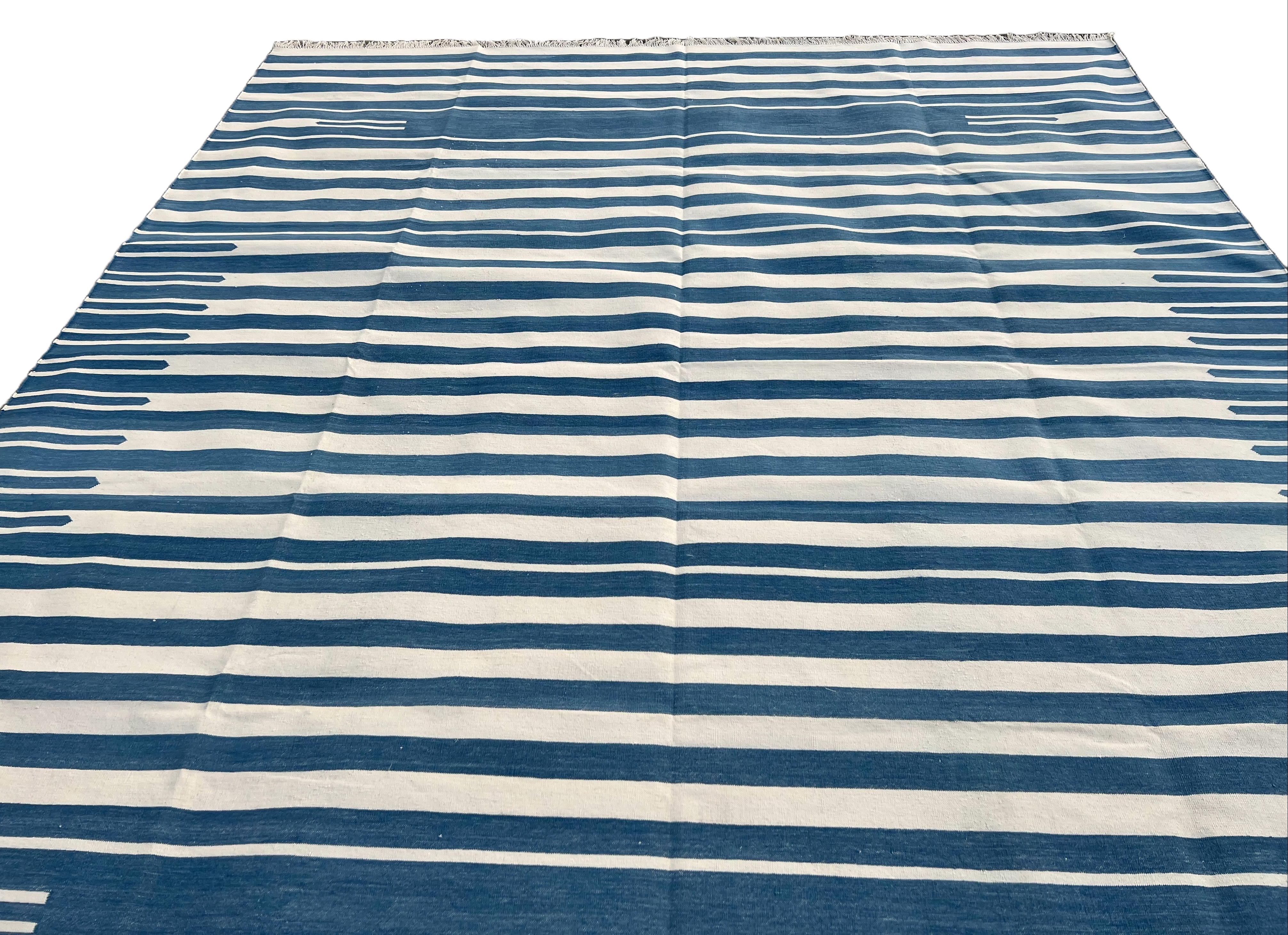 Modern Handmade Cotton Blue And White Flat Weave Striped Rug-6496