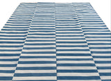 Modern Handmade Cotton Blue And White Flat Weave Up Down Striped Rug-6499