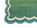 Modern Handmade Cotton Forest Green And Teal Blue Border 4 Sided Scalloped Rug-6163