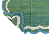 Modern Handmade Cotton Forest Green And Teal Blue Border 4 Sided Scalloped Rug-6163