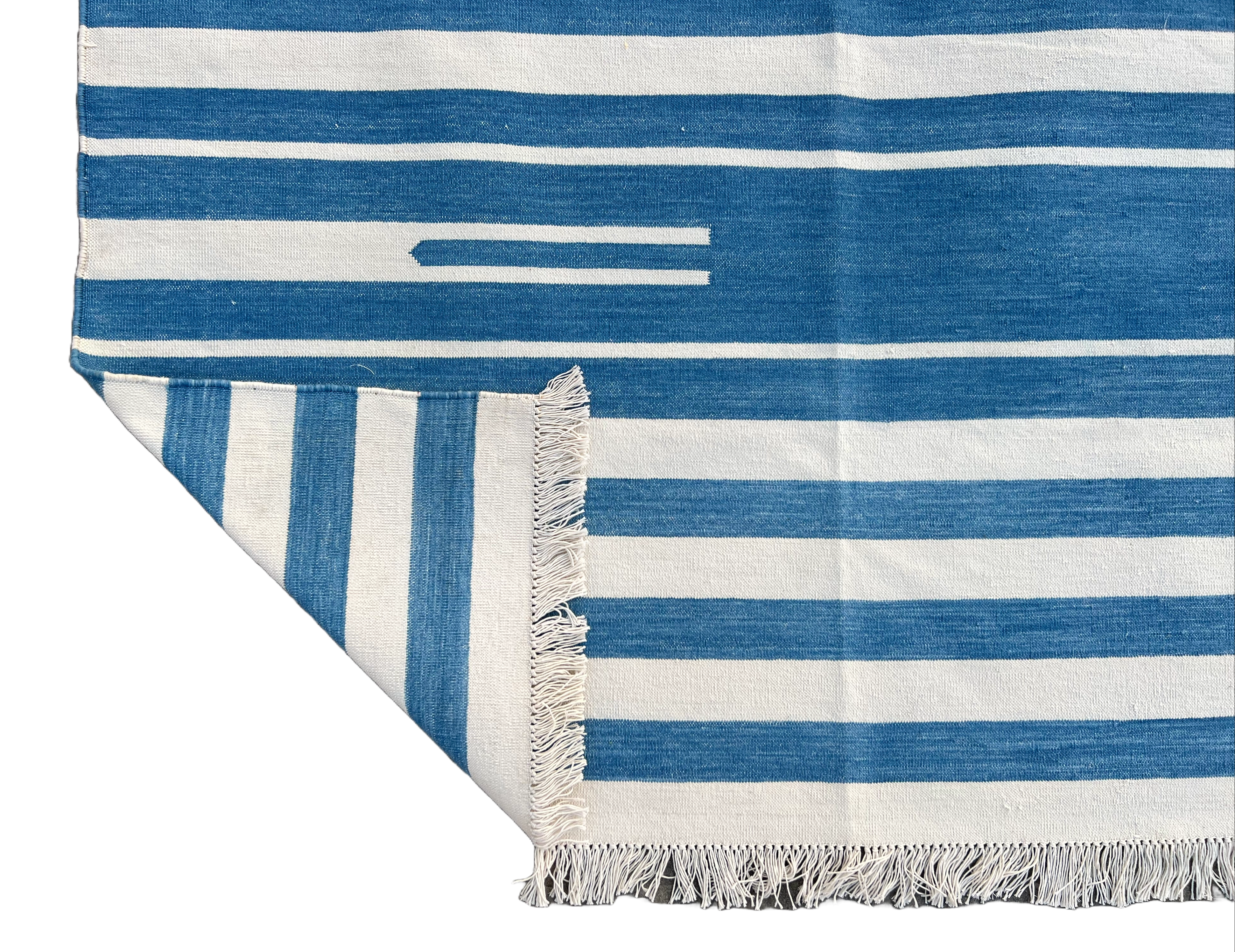 Modern Handmade Cotton Blue And White Flat Weave Striped Rug-6496