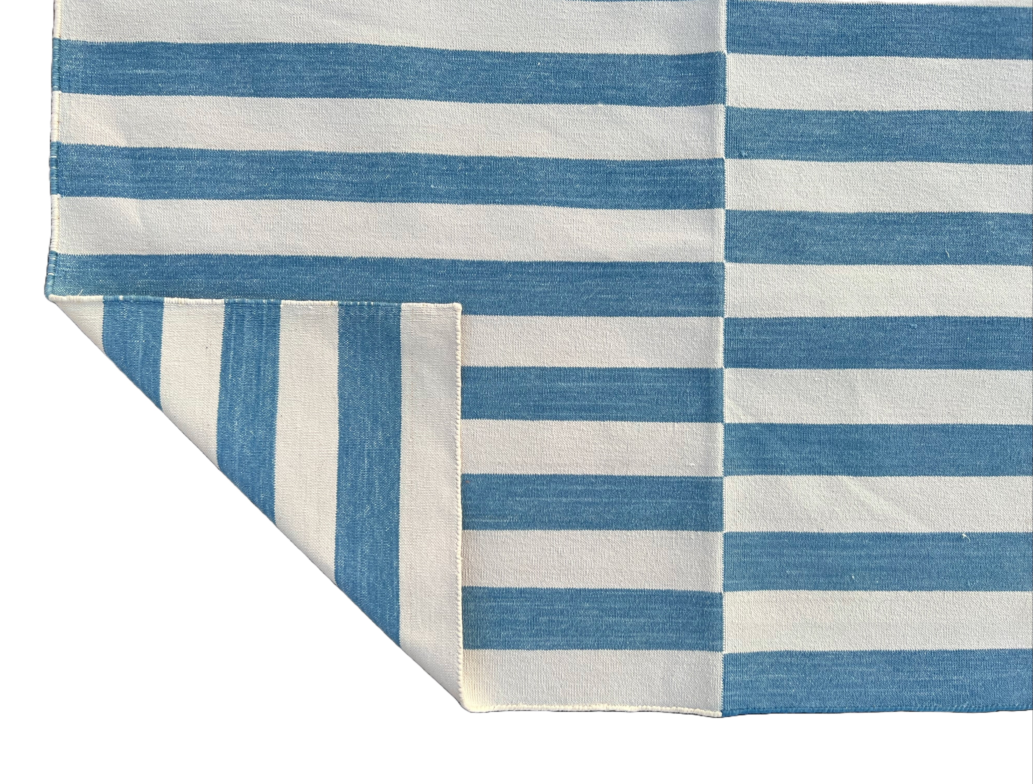 Modern Handmade Cotton Blue And White Flat Weave Up Down Striped Rug-6499