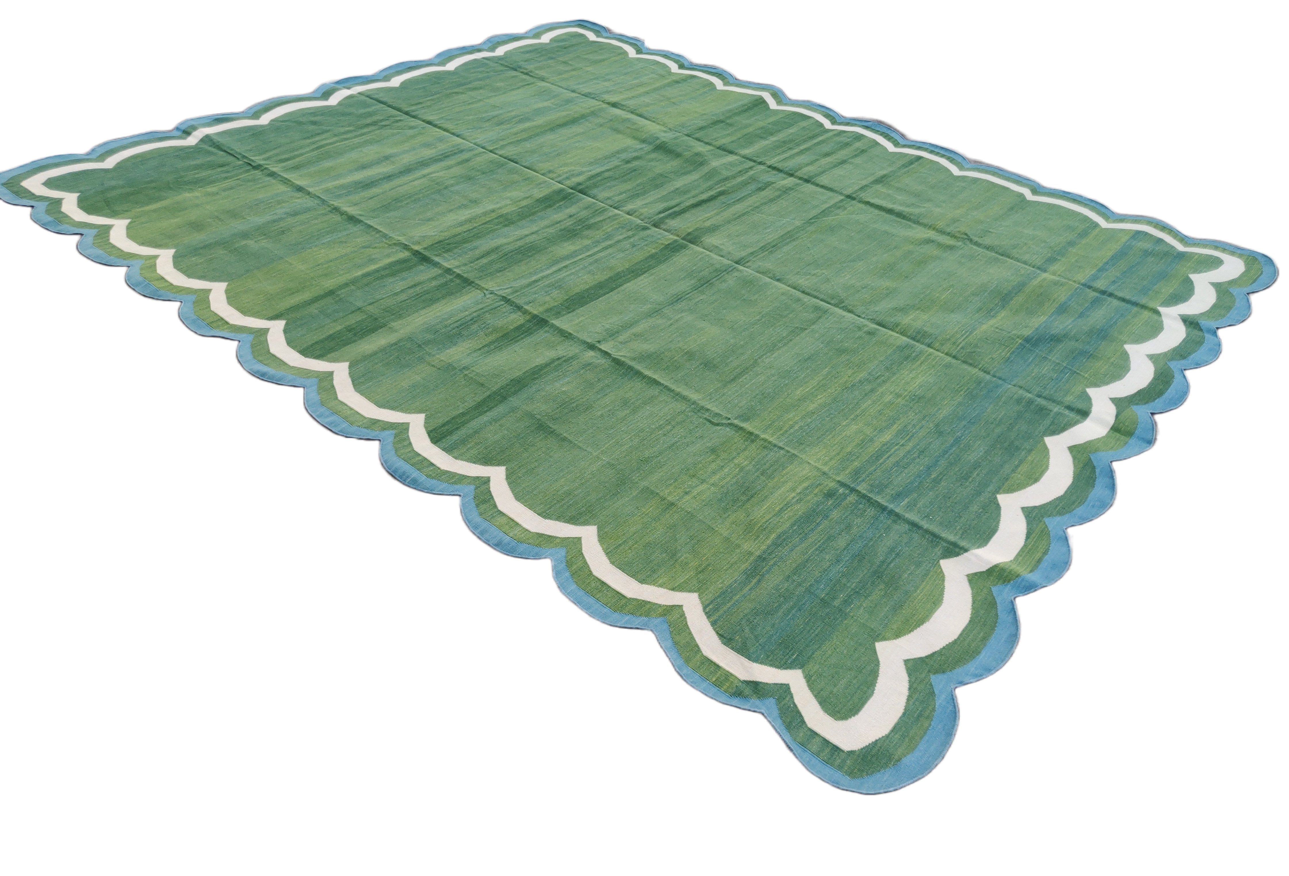 Modern Handmade Cotton Forest Green And Teal Blue Border 4 Sided Scalloped Rug-6163