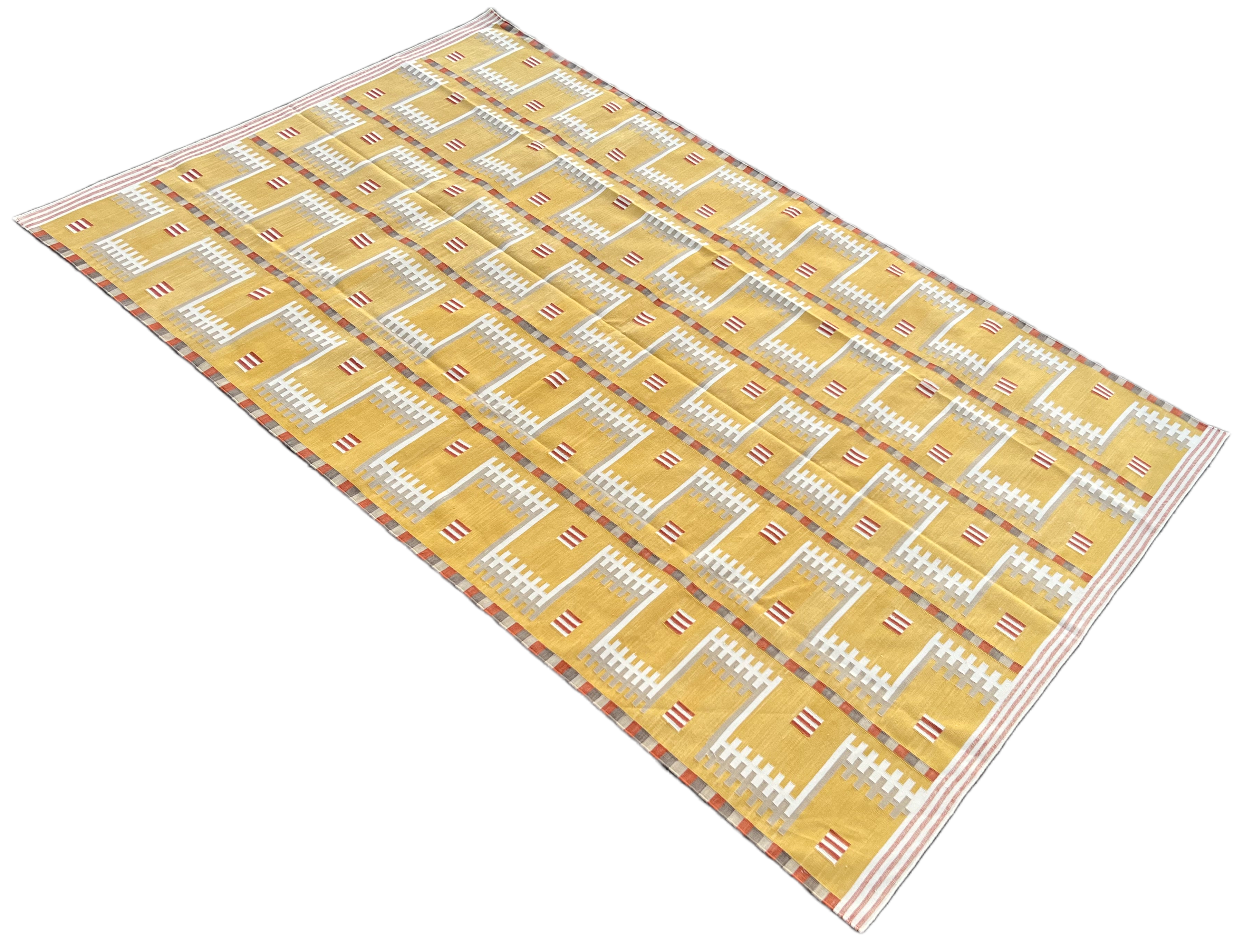 Modern Handmade Cotton Flat Weave Mustard Geometric Rug-6468