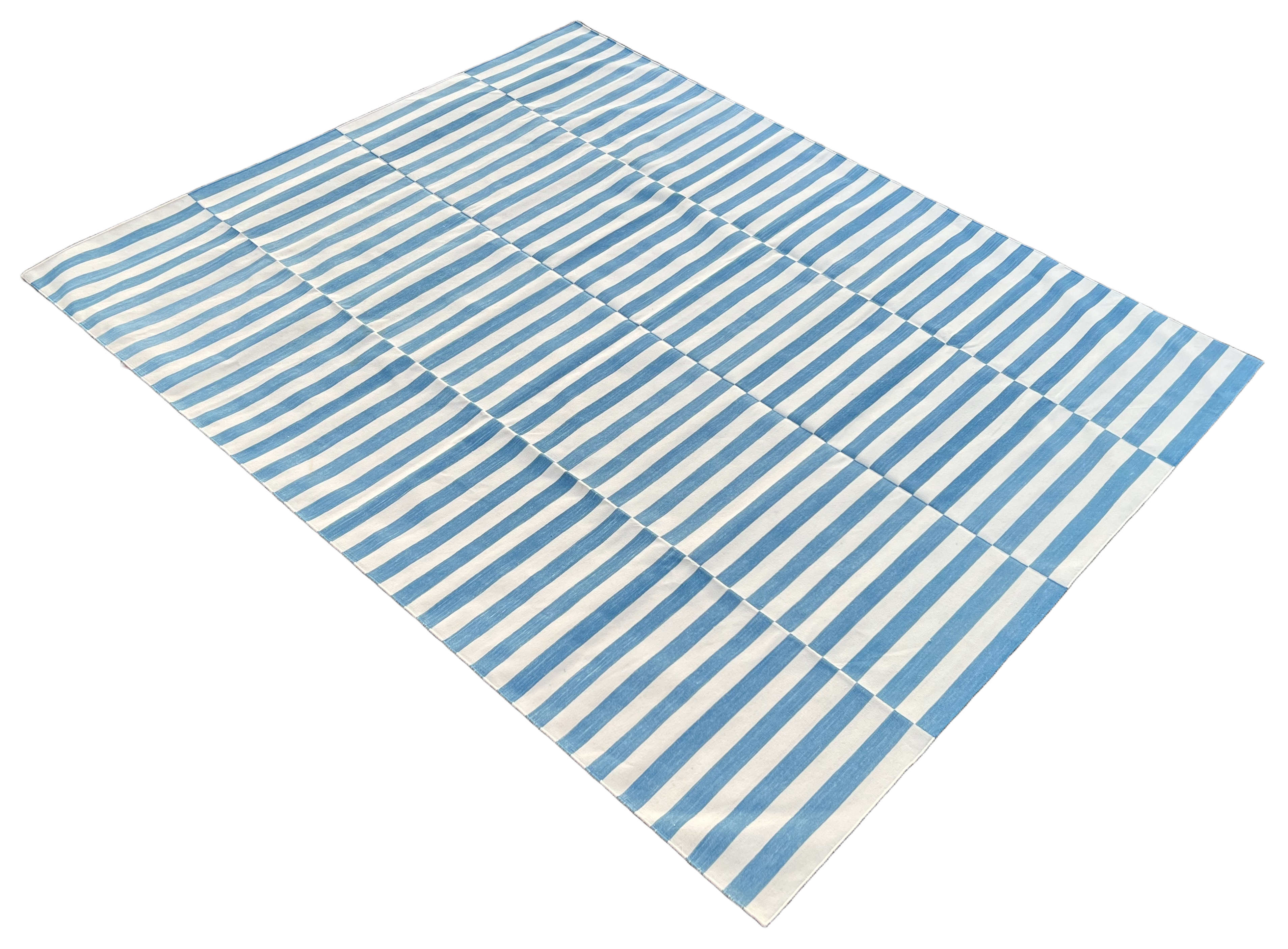 Modern Handmade Cotton Blue And White Flat Weave Up Down Striped Rug-6499