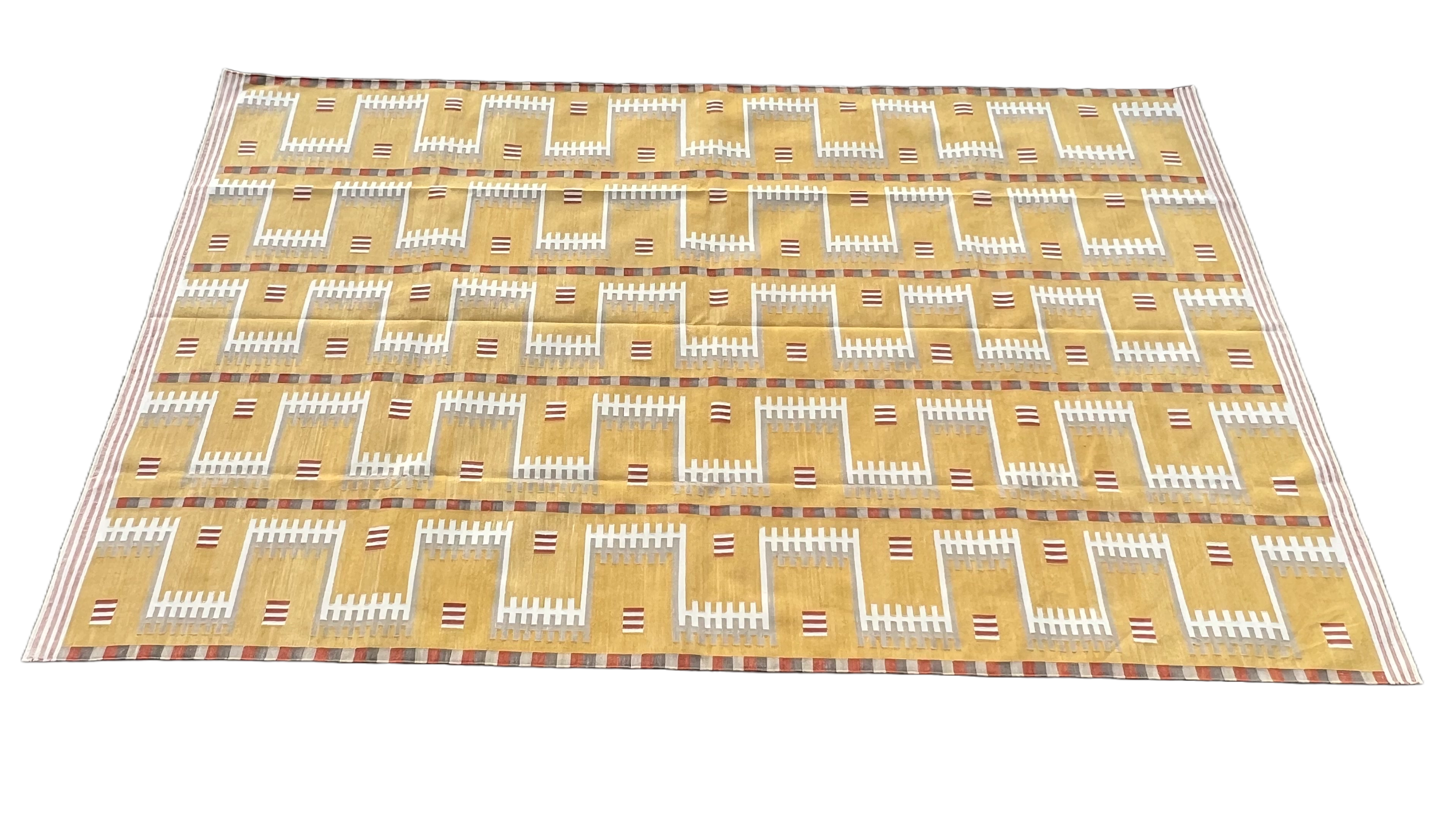 Modern Handmade Cotton Flat Weave Mustard Geometric Rug-6468