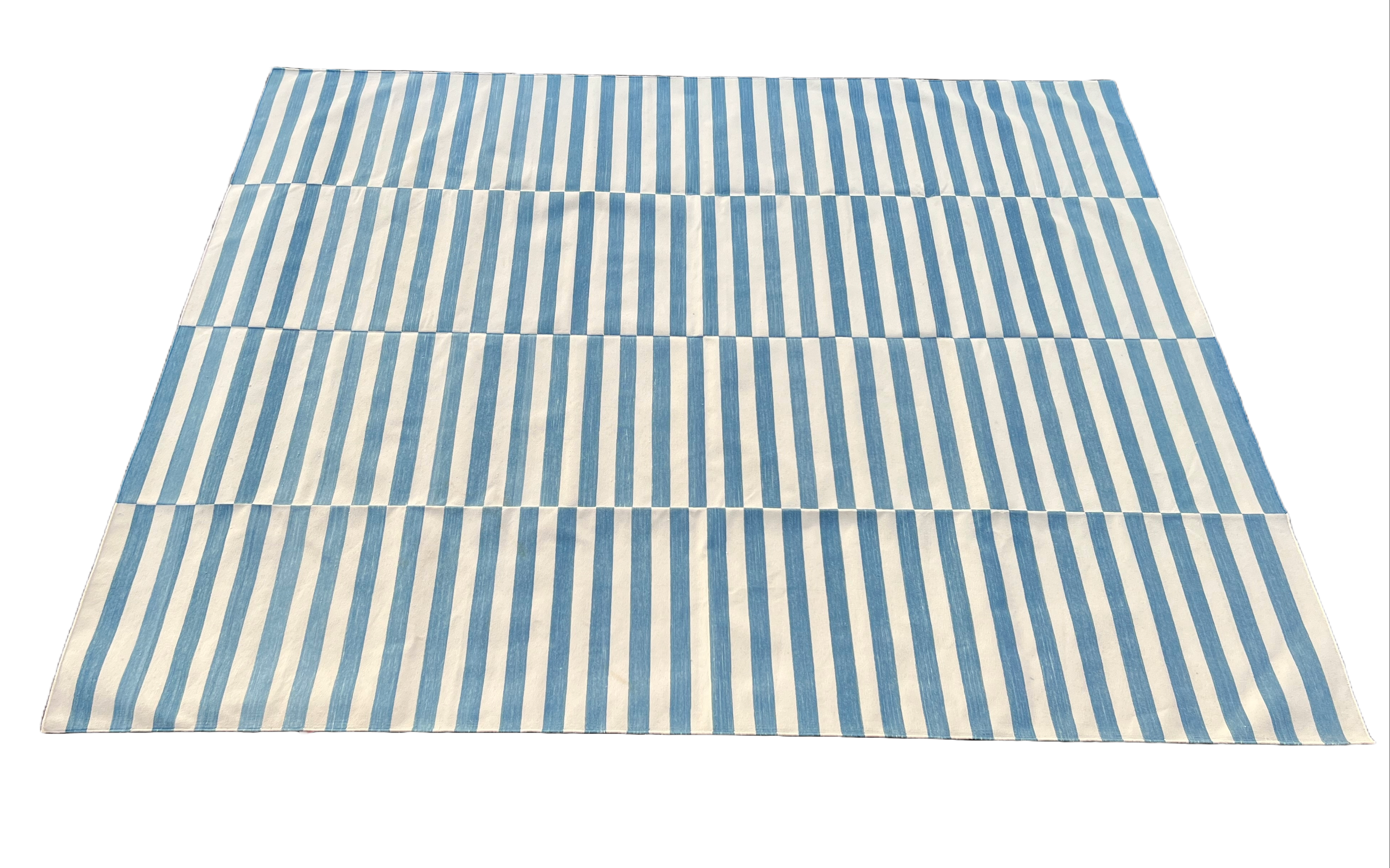 Modern Handmade Cotton Blue And White Flat Weave Up Down Striped Rug-6499