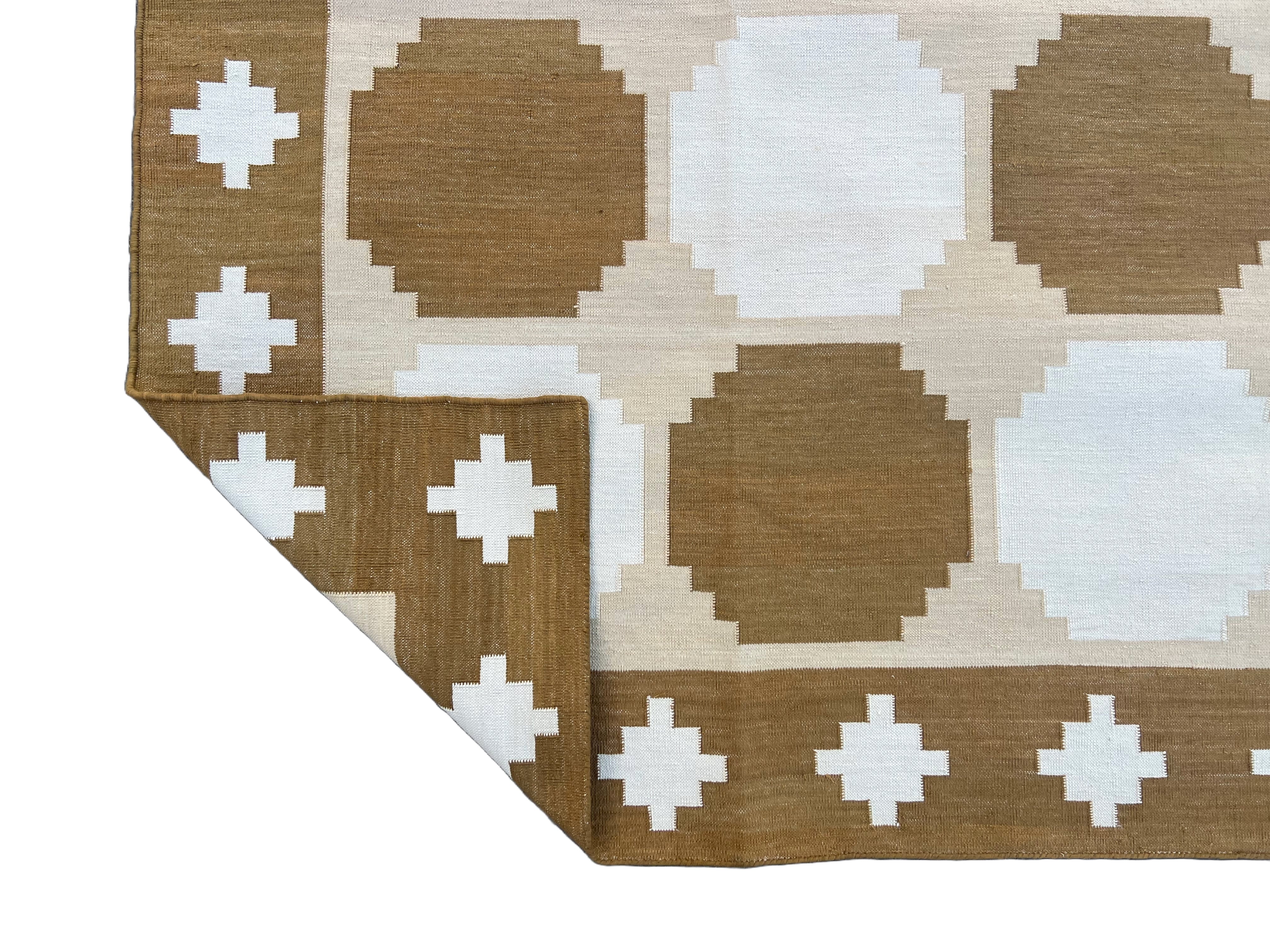 Modern Handmade Cotton Tan And White Geometric Tile Star Rug-6519