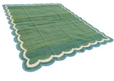 Modern Handmade Cotton Forest Green And Teal Blue Border 4 Sided Scalloped Rug-6163