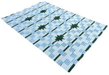 Modern Handmade Woolen Cream, Blue And Green Star And Dash Striped Rug-6743