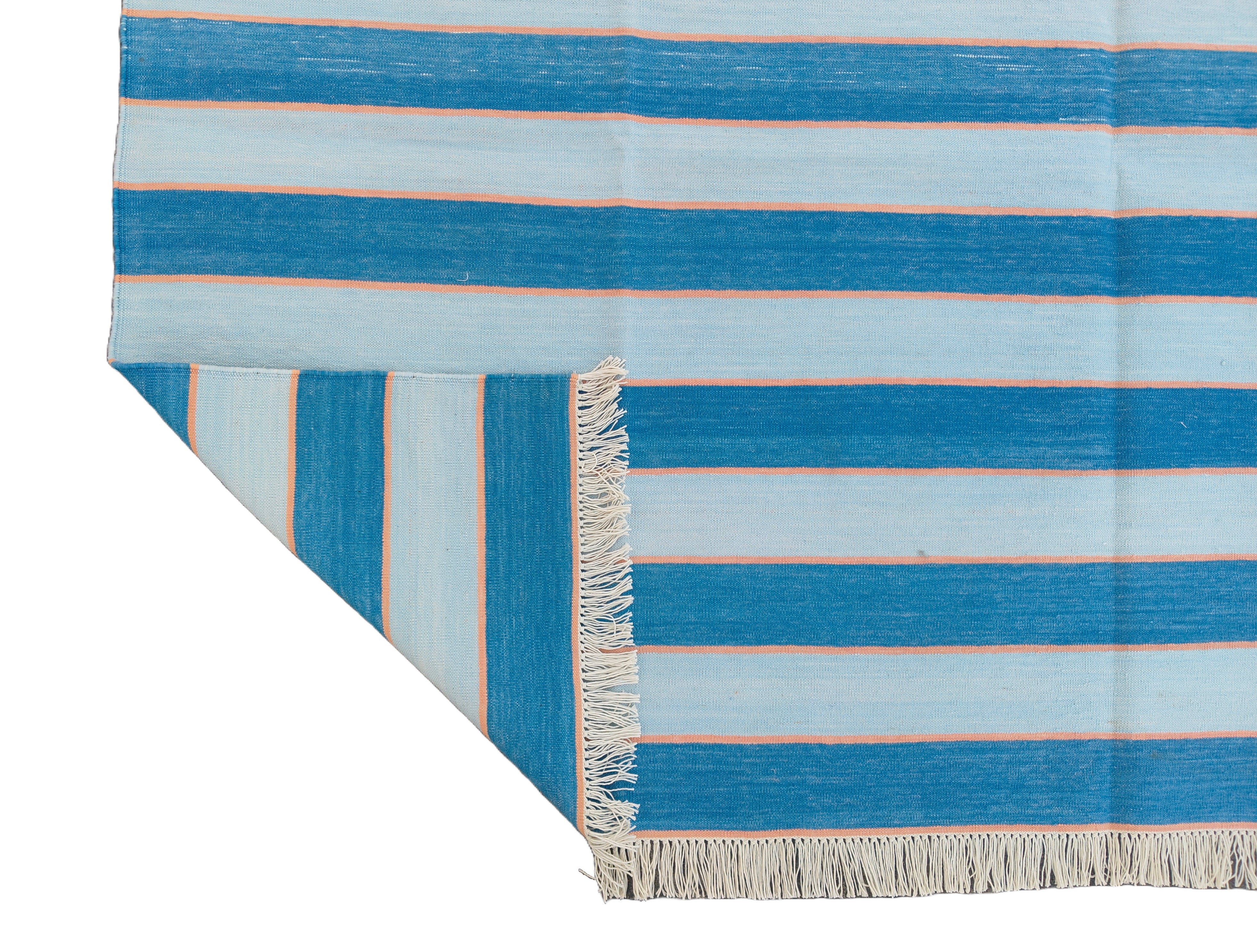 Modern Handmade Area Rug, Cotton Blue And Orange Striped Indian Dhurrie -6771