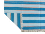 Modern Handmade Area Rug, Cotton Blue And Orange Striped Indian Dhurrie -6771