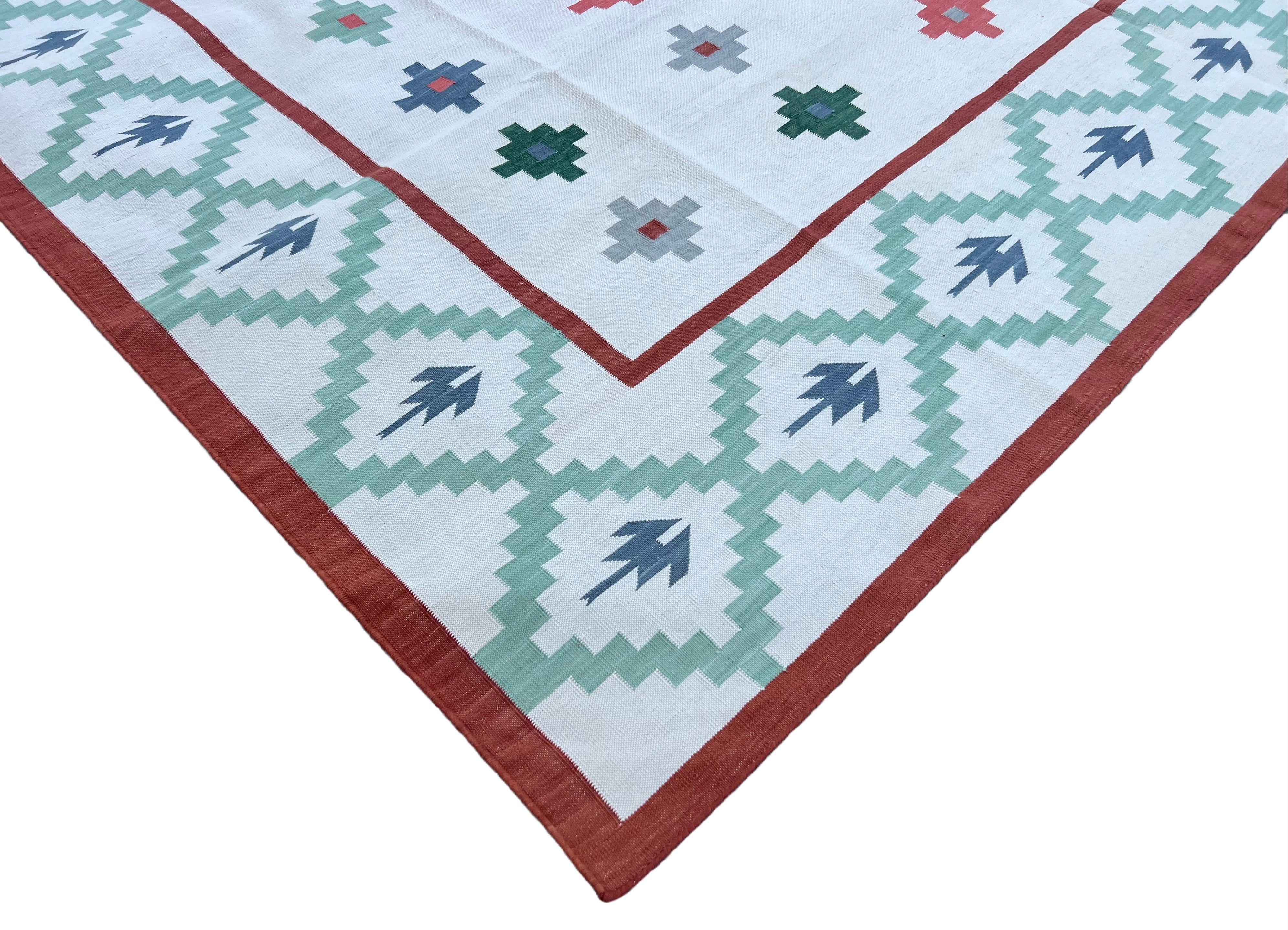Modern Handmade Cotton Cream, Green And Red Geometric Star Rug-6530