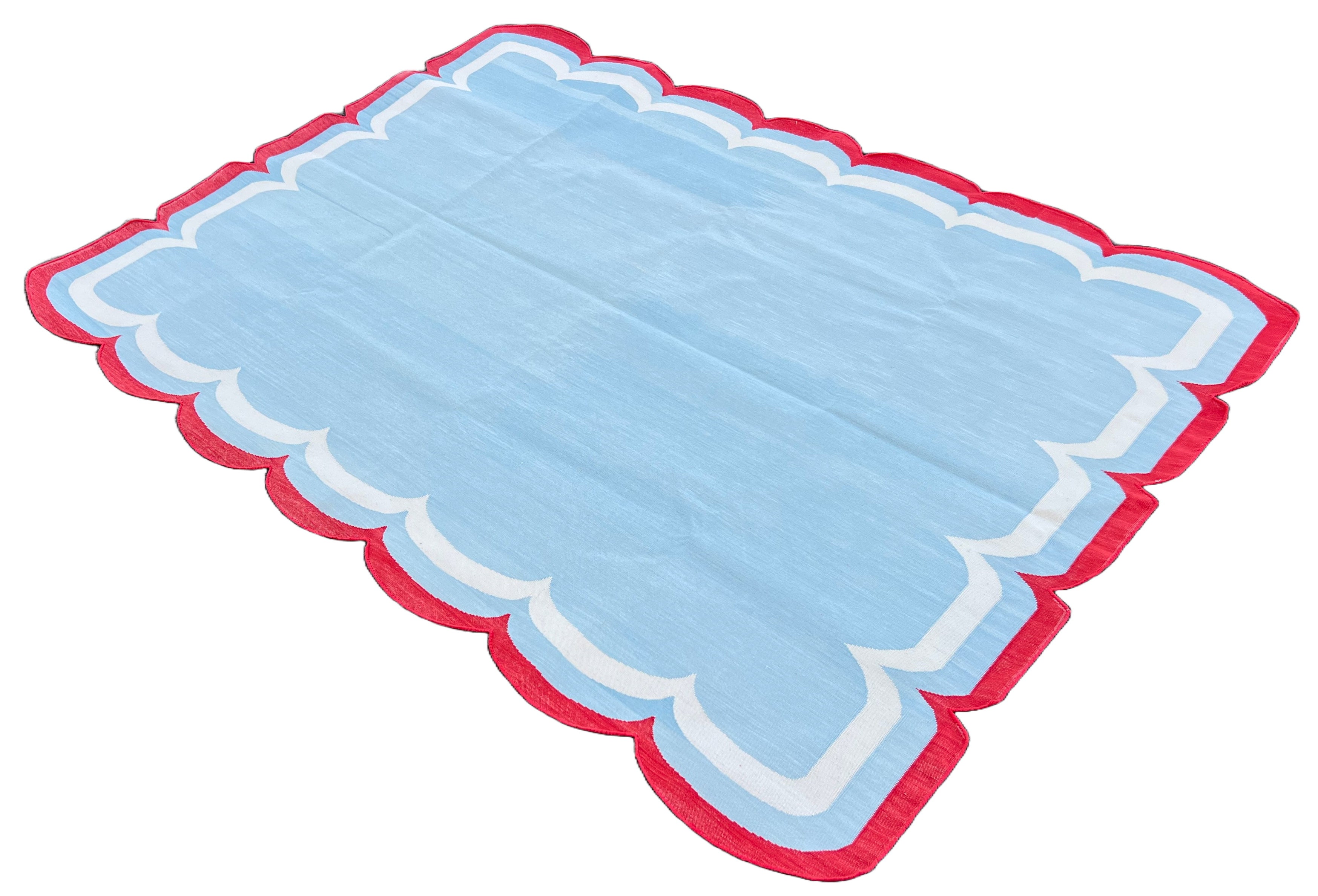 Modern Handmade Cotton Sky Blue, Cream and Red Scalloped Rug-9659